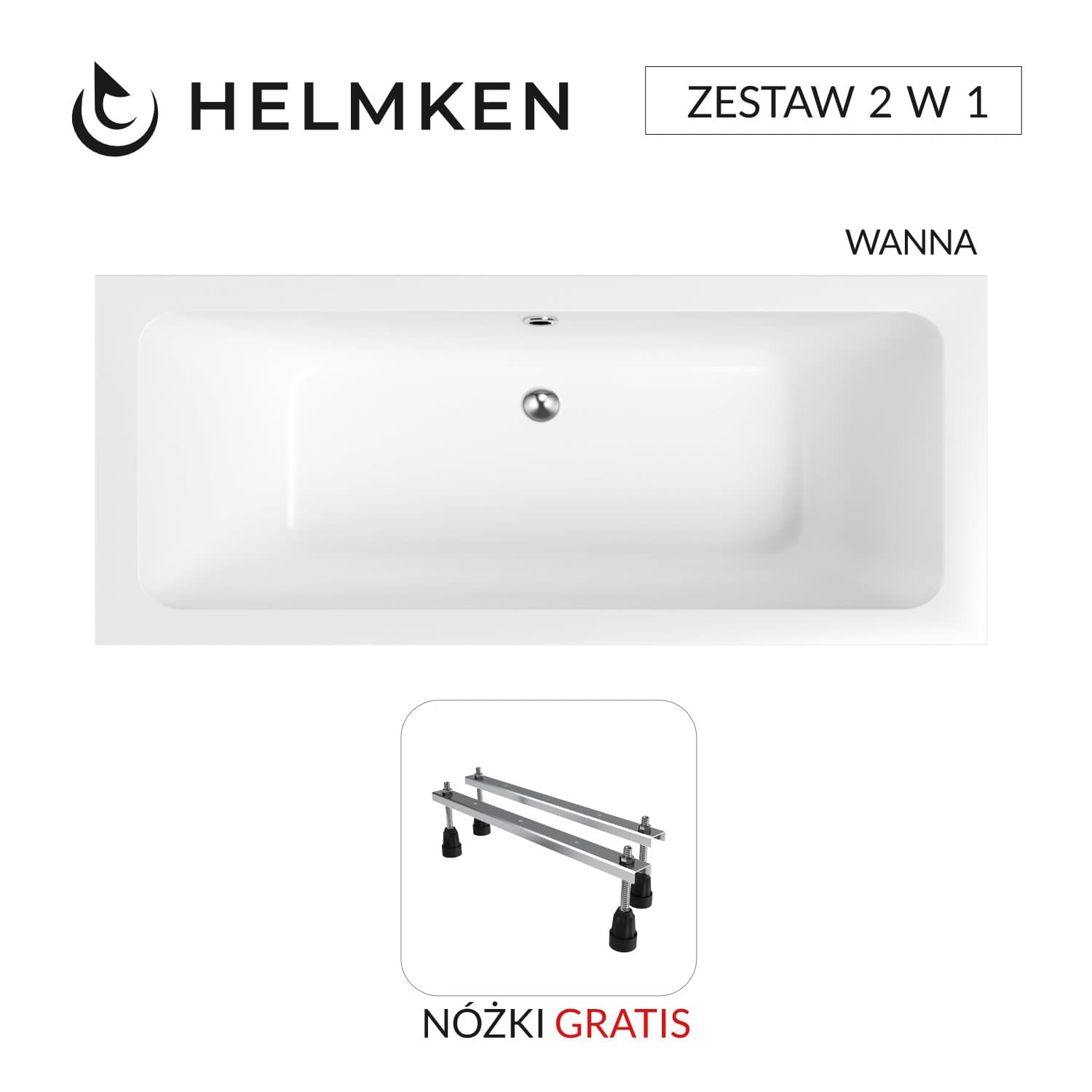 Wanna akrylowa Helmken Olympia 170x75 z akrylu lanego ze wzmocnionym korpusem z odpływem środkowym + Nóżki / 35100075