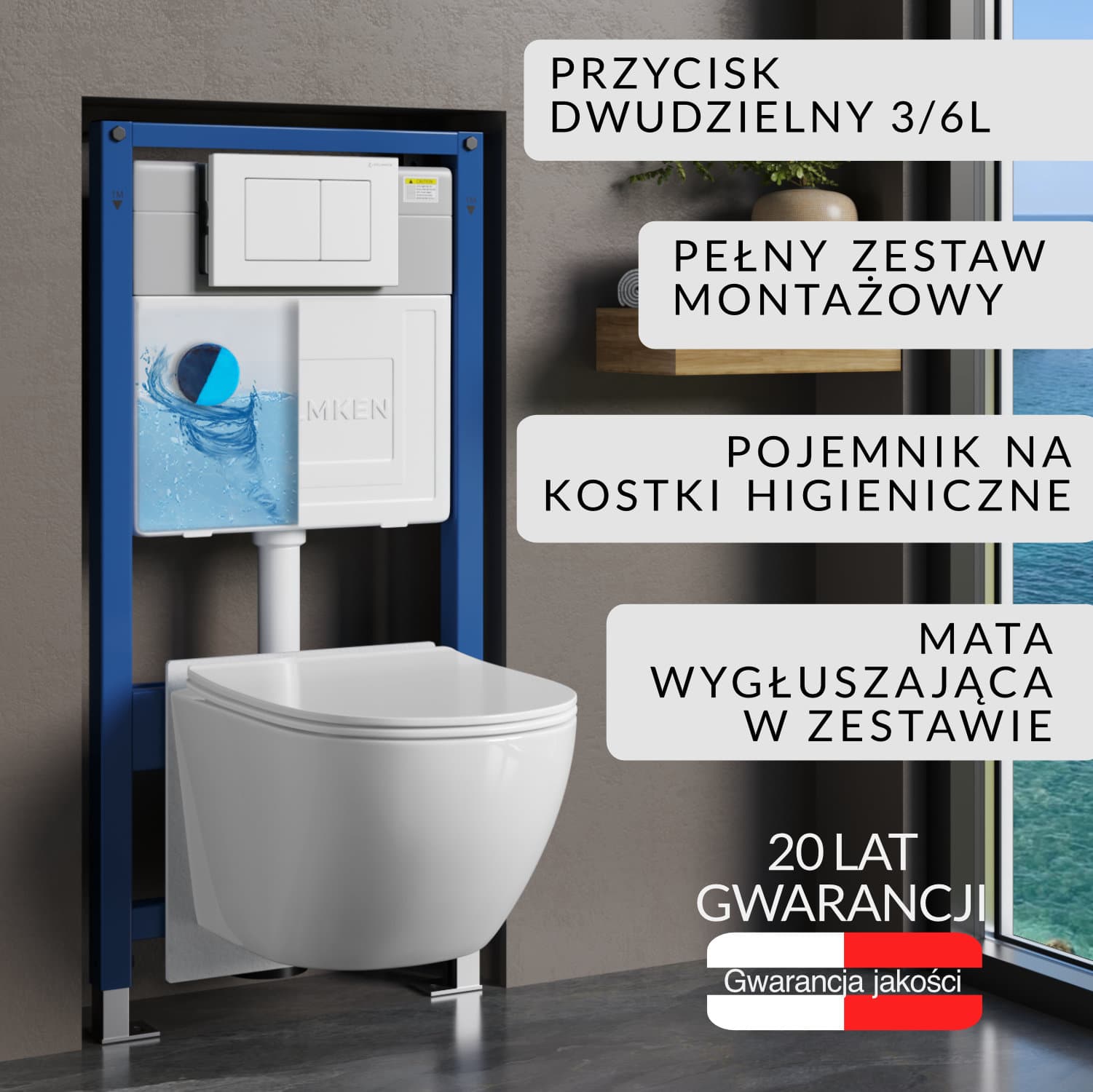 Zestaw podtynkowy WC Helmken 6w1: Stelaż, Biały (J) Przycisk, Miska bezkołnierzowa Rimless 35103001, Deska wolnoopadająca, Pojemnik na kostki higieniczne, Mata