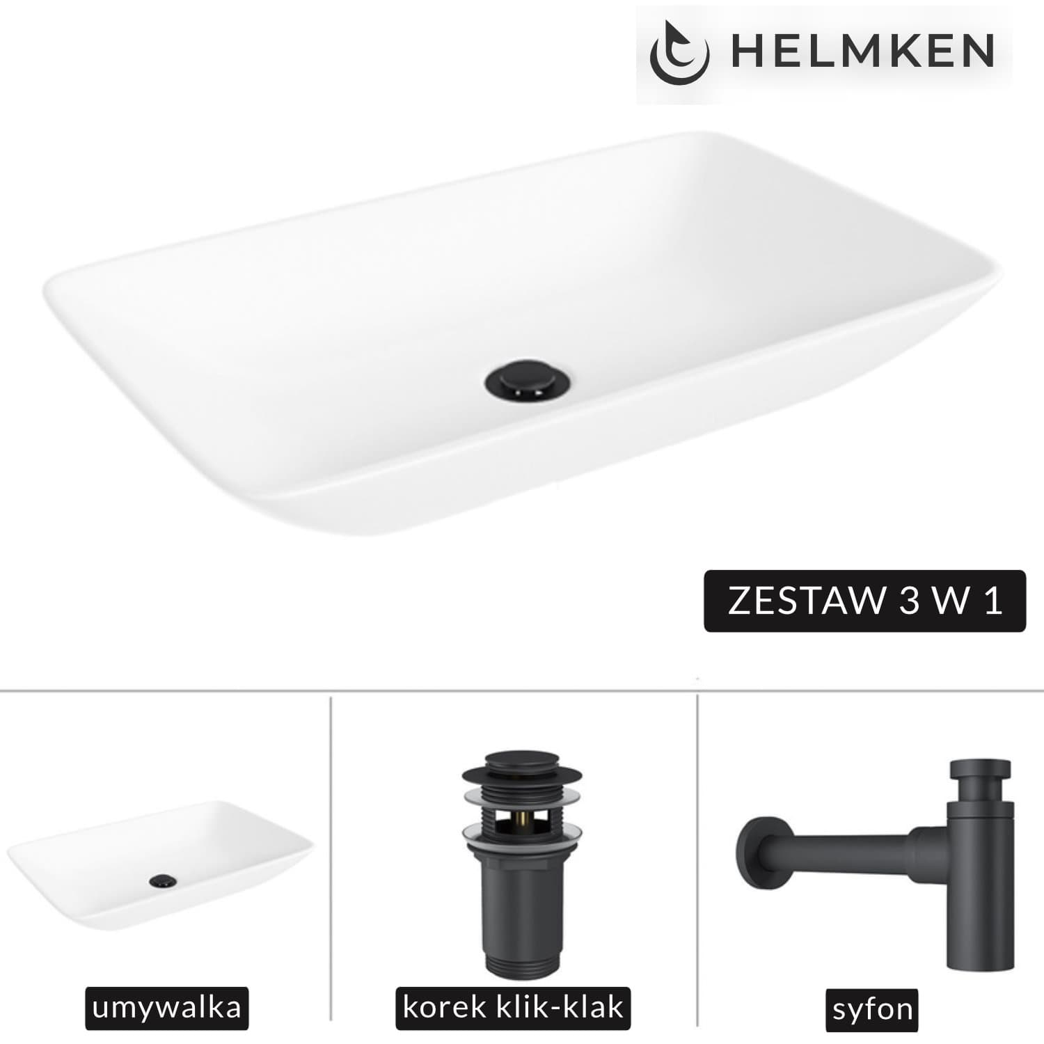 Umywalka nablatowa Helmken 54059000 (59x36) Biała + Syfon Czarny Mat + Korek klik-klak Czarny Mat