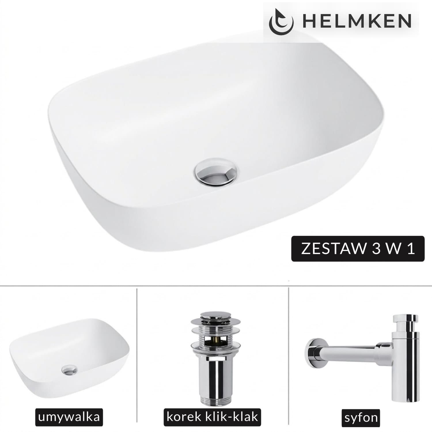 Umywalka nablatowa Helmken 49346000 (46x32) Biała + Syfon Chrom + Korek klik-klak Chrom