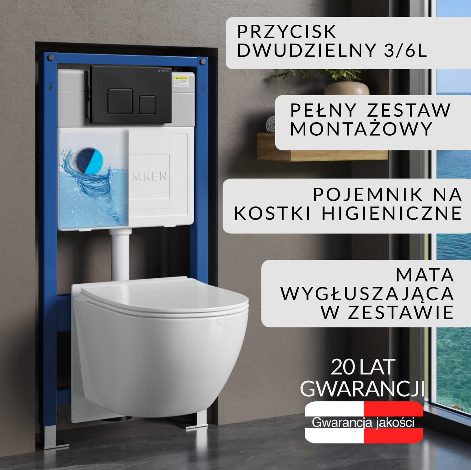 Zestaw podtynkowy WC Helmken 6w1: Stelaż, Czarny Mat (F) Przycisk, Miska bezkołnierzowa Rimless 35103001, Deska wolnoopadająca, Pojemnik na kostki higieniczne, Mata