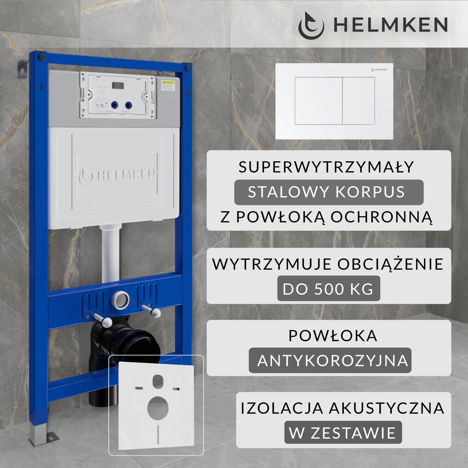 Stelaż podtynkowy WC Helmken Zestaw 3w1: Stelaż podtynkowy, Przycisk Biały (J) , Mata wygłuszająca