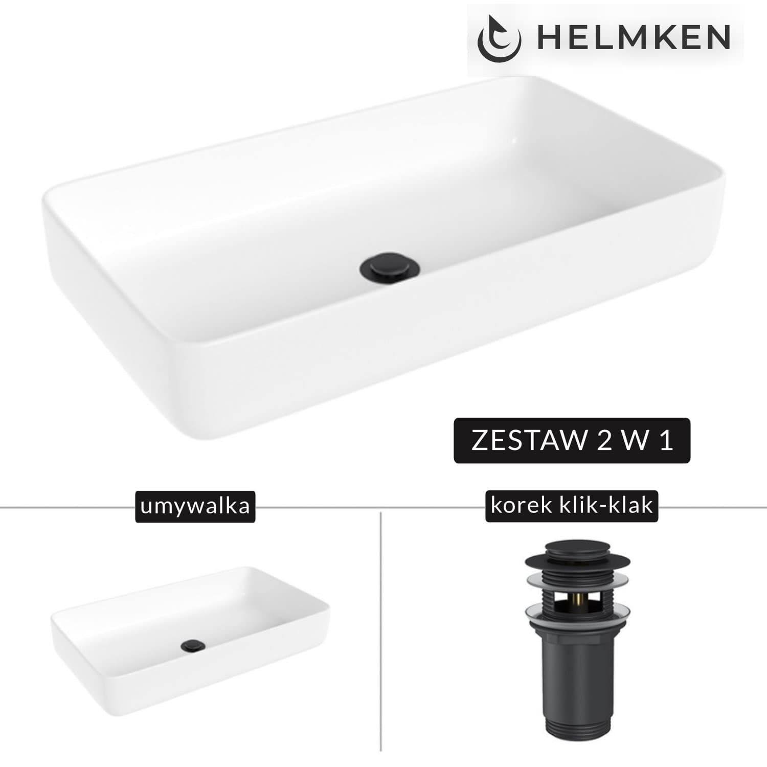 Umywalka nablatowa Helmken 48760000 (60x34) Biała + Korek klik-klak Czarny Mat