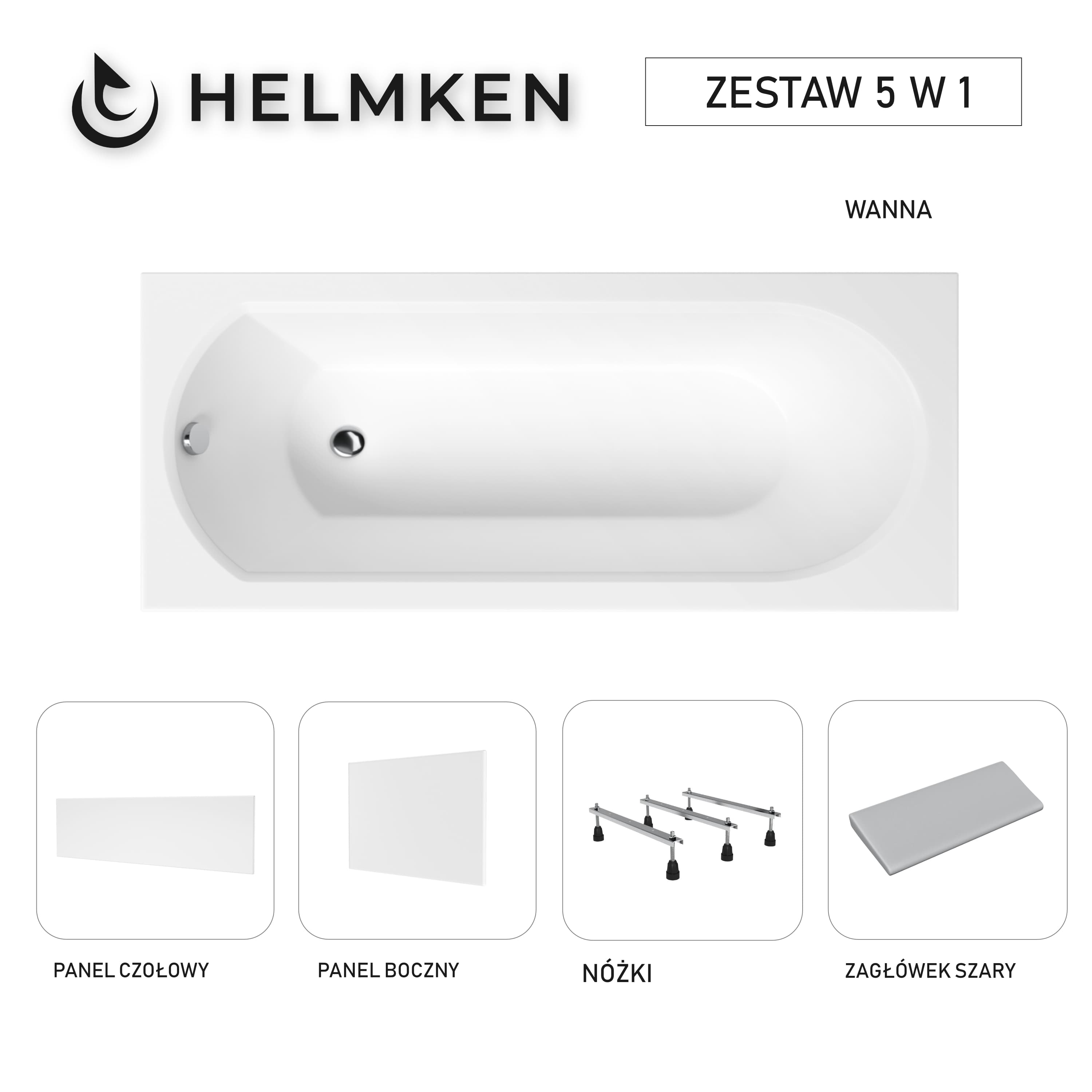 Wanna akrylowa Helmken Tressa 150 x 75 + Panel czołowy i boczny Biały + Zagłówek szary + Nóżki / 23097001ZW