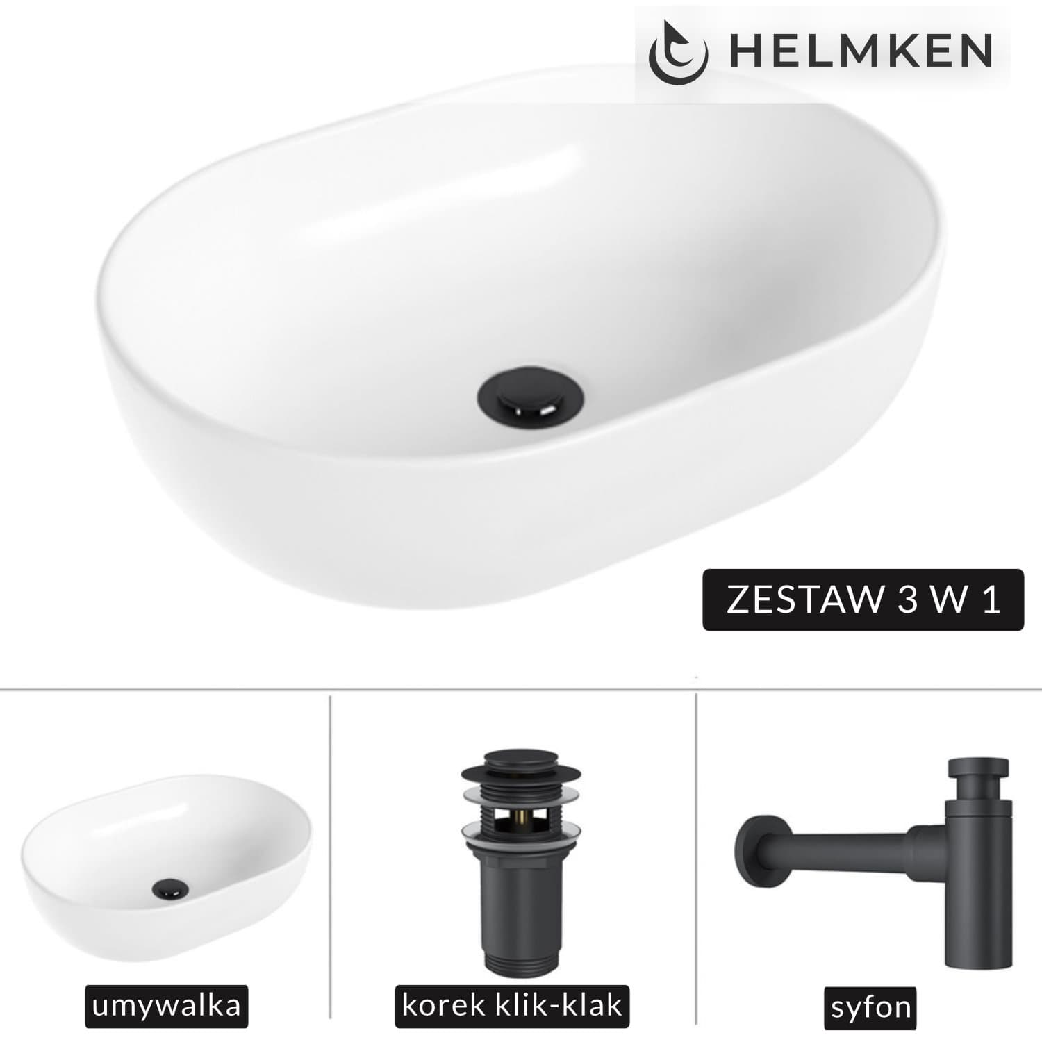 Umywalka nablatowa Helmken 83648000 (48x34) Biała + Syfon Czarny Mat + Korek klik-klak Czarny Mat