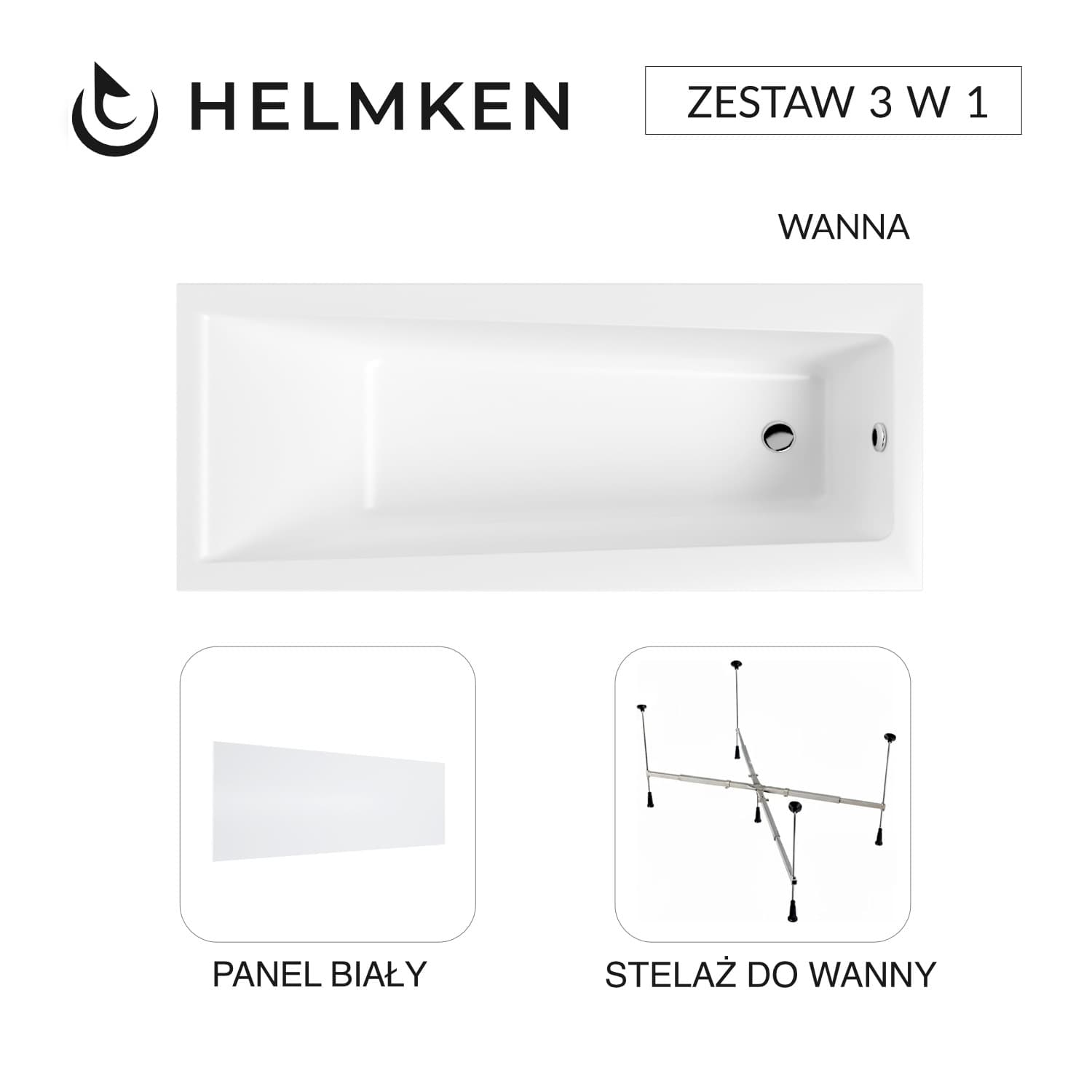 Wanna akrylowa Helmken Versailles 160x75 + Panel Biały + Stelaż uniwersalny do wanien Helmken 21230020 / 35070060-3S