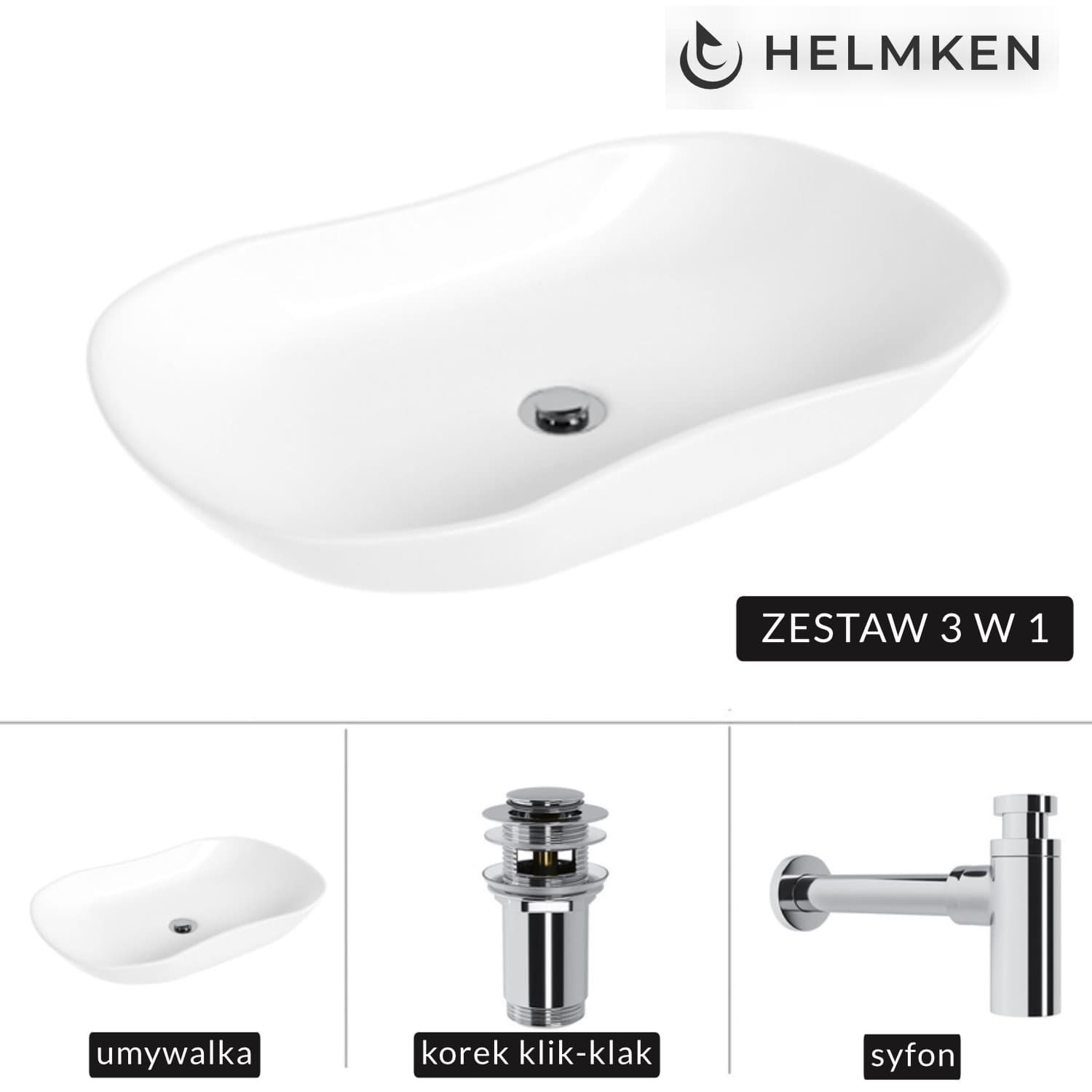 Umywalka nablatowa Helmken 57066000 (66x41) Biała + Syfon Chrom + Korek klik-klak Chrom