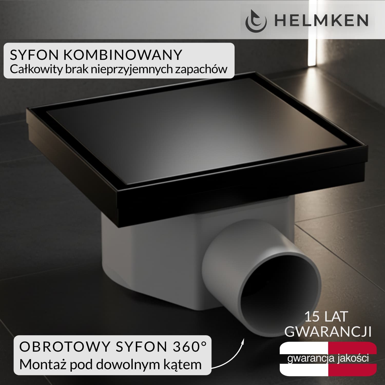 Odpływ punktowy Helmken 37410002, 150 x 150mm, Czarny Mat