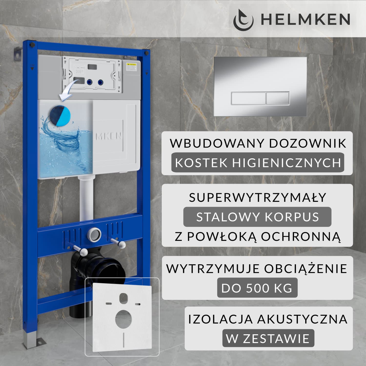 Stelaż podtynkowy WC Helmken Zestaw 4w1: Stelaż podtynkowy, Przycisk Chrom (HD) , Pojemnik na kostki higieniczne, Mata wygłuszająca