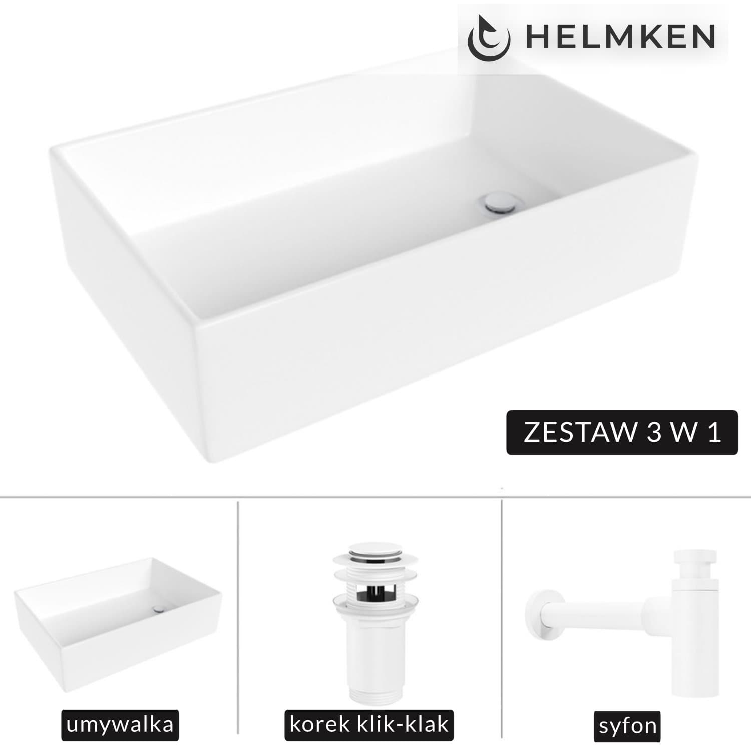 Umywalka nablatowa Helmken 51861000 (61x40) Biała + Syfon Biały + Korek klik-klak Biały