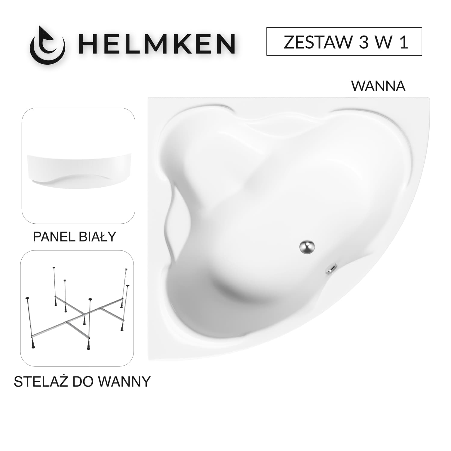 Wanna akrylowa Helmken Riviera 140x140 narożna + Panel Biały + Stelaż do wanny 21012-301 / 35050140-3S