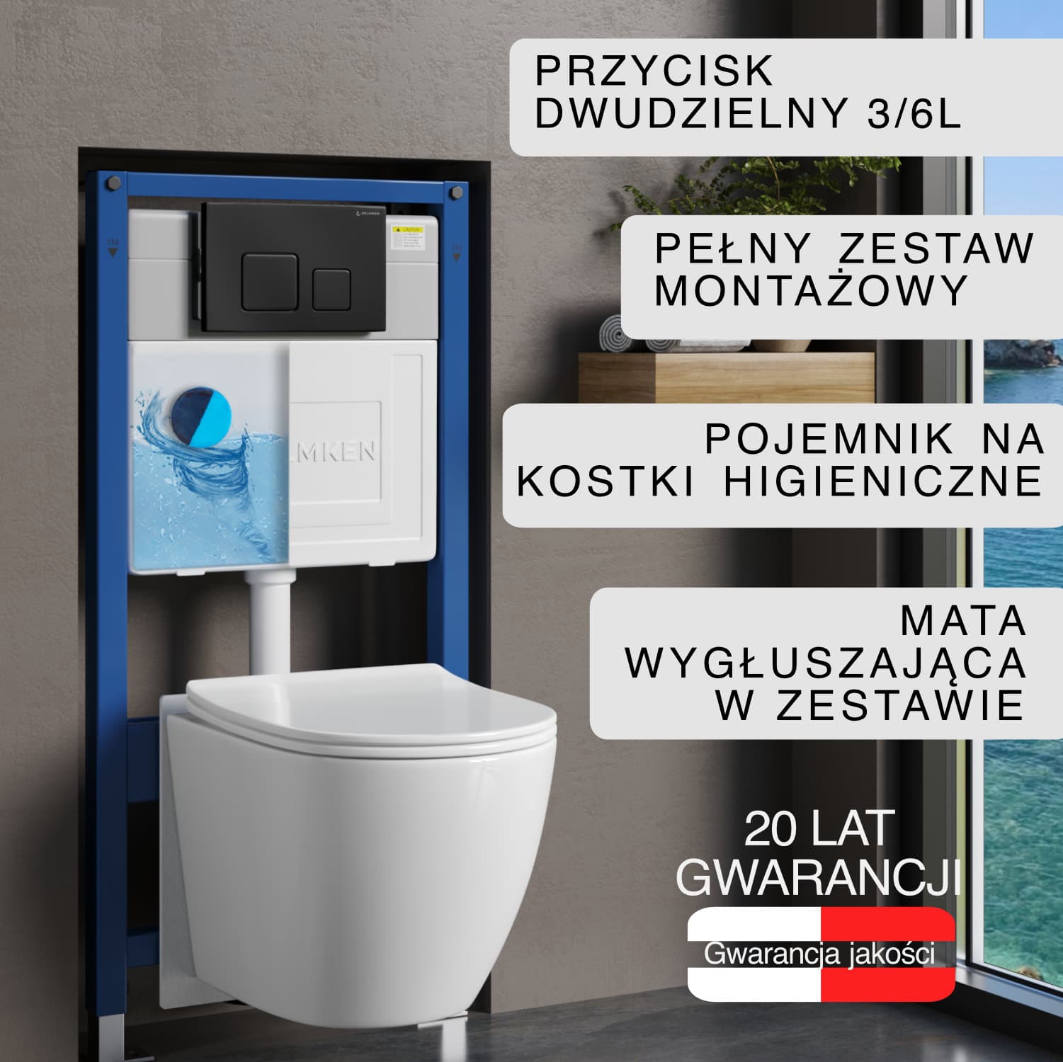 Stelaż podtynkowy WC Helmken 35490101 Zestaw 6w1: Przycisk Czarny Mat (F), Miska bezkołnierzowa Rimless, Deska wolnoopadająca, Pojemnik na kostki higieniczne, Mata
