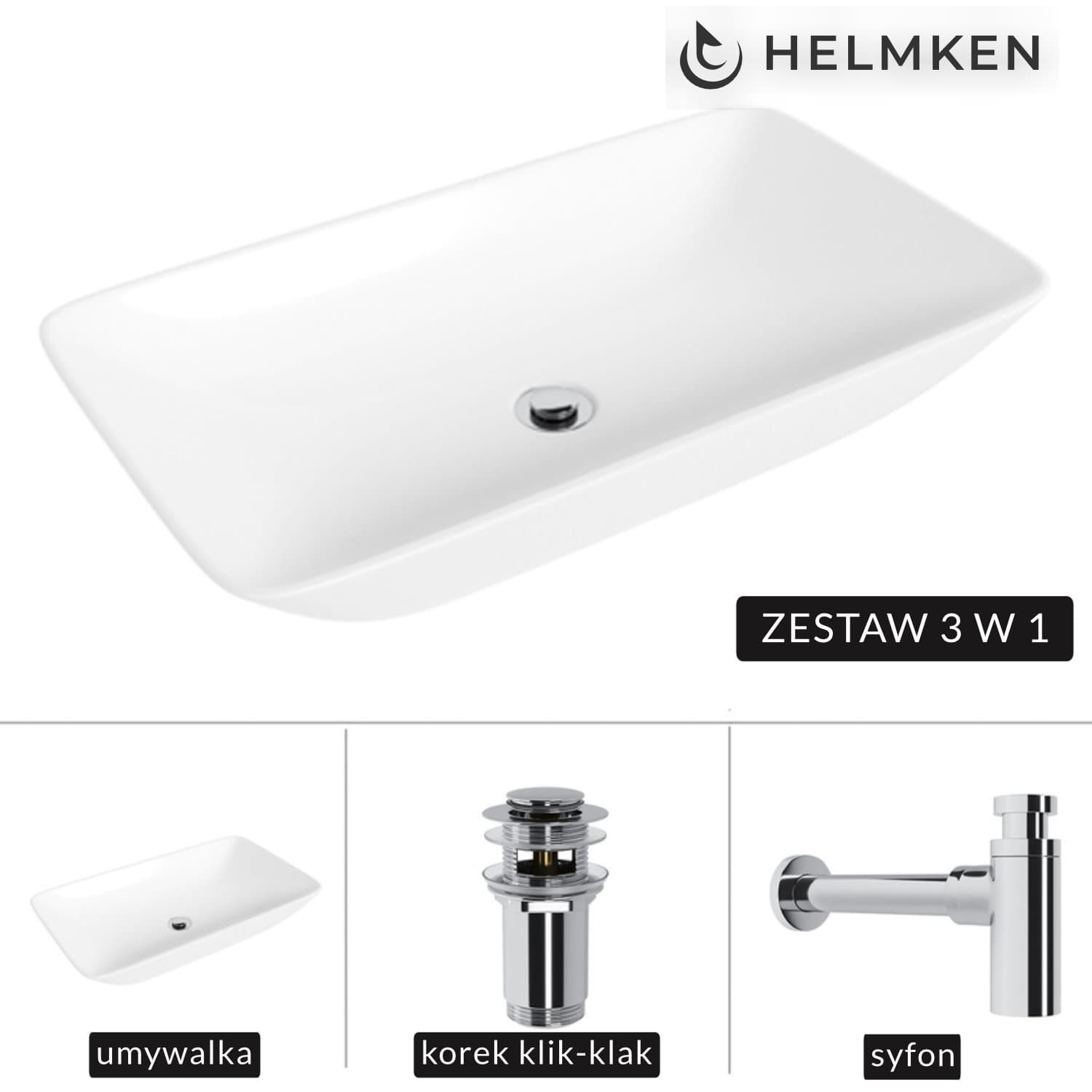 Umywalka nablatowa Helmken 88670000 (70x40) Biała + Syfon Chrom + Korek klik-klak Chrom