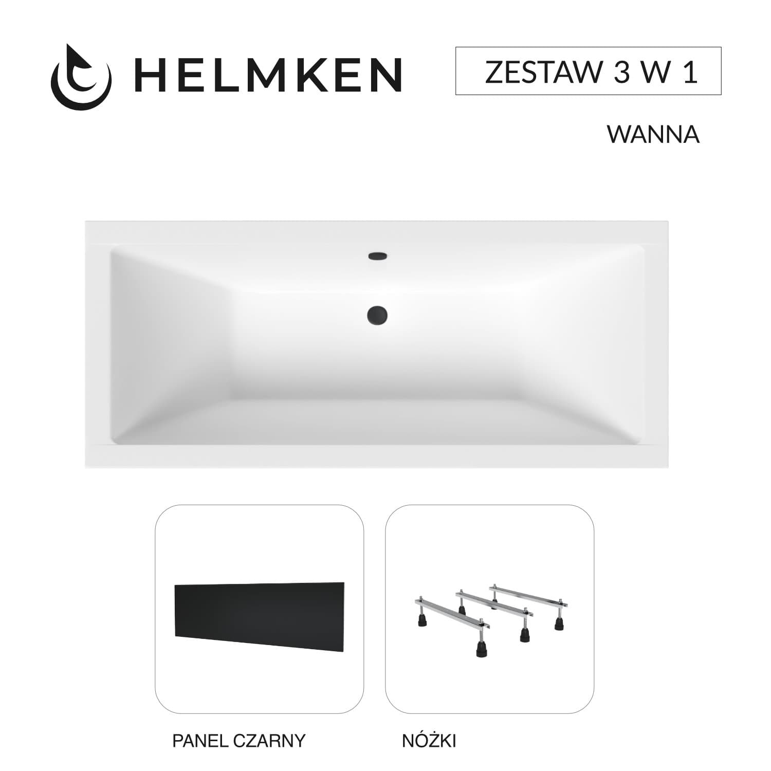 Wanna akrylowa Helmken Alvaro 170 x 75 + Panel czarny + Nóżki / 23096003