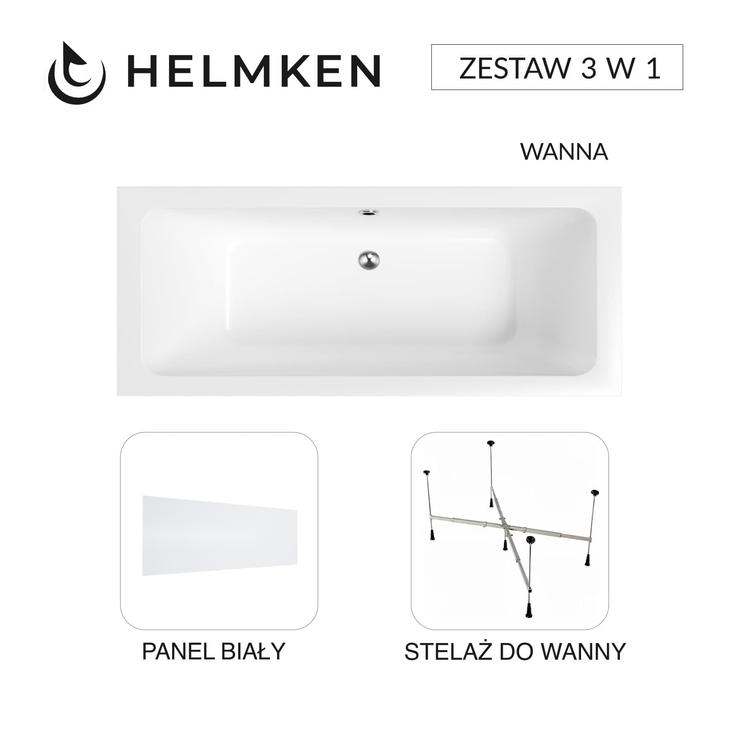 Wanna akrylowa Helmken Olympia 170x75 + Panel Biały + Stelaż uniwersalny do wanien Helmken 21230020 / 35100075-3S