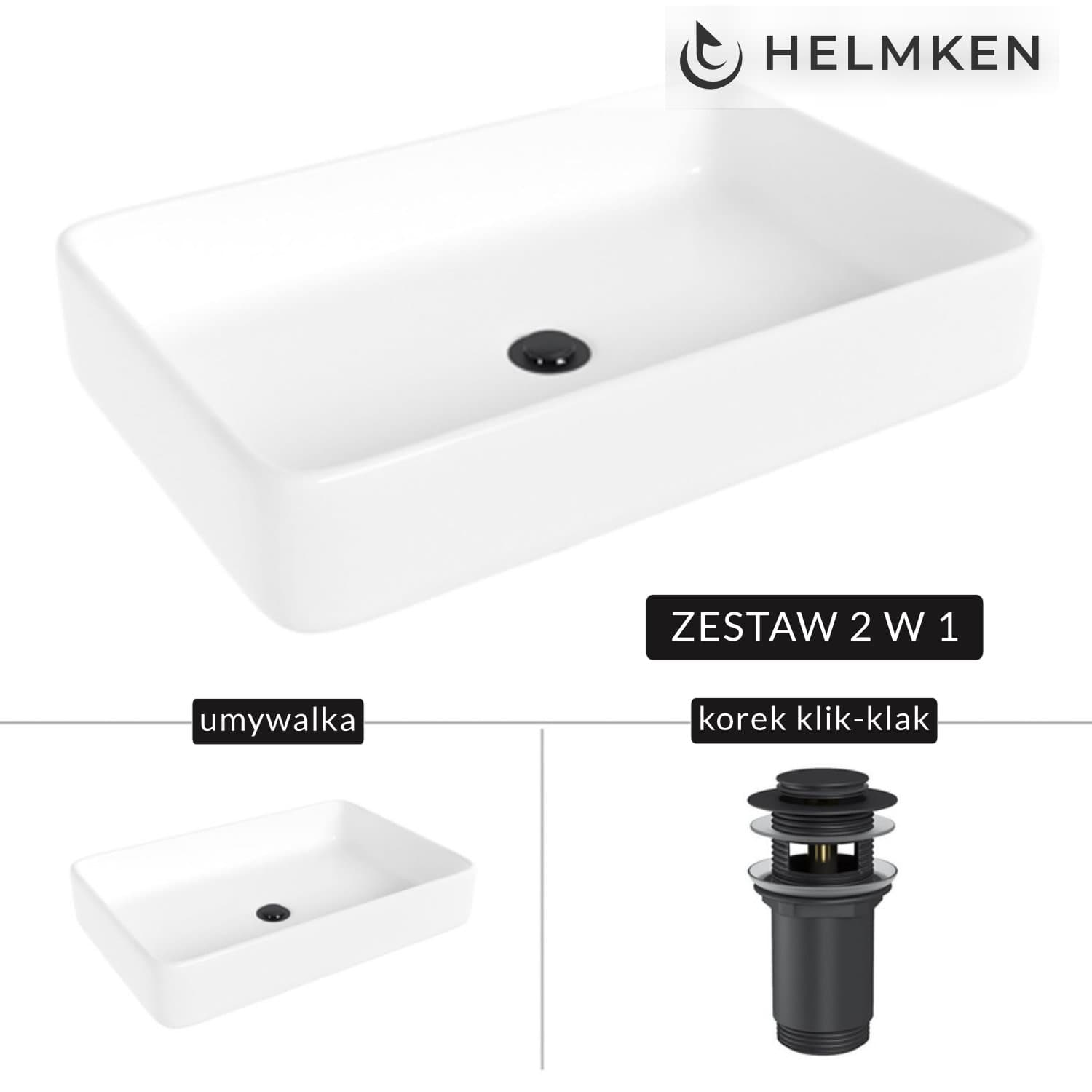 Umywalka nablatowa Helmken 84261000 (61.5x41) Biała + Korek klik-klak Czarny Mat