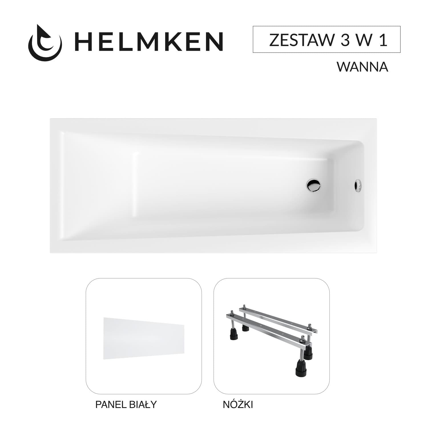 Wanna akrylowa Helmken Versailles 160x75 z akrylu lanego ze wzmocnionym korpusem + Panel biały + Nóżki / 35070060