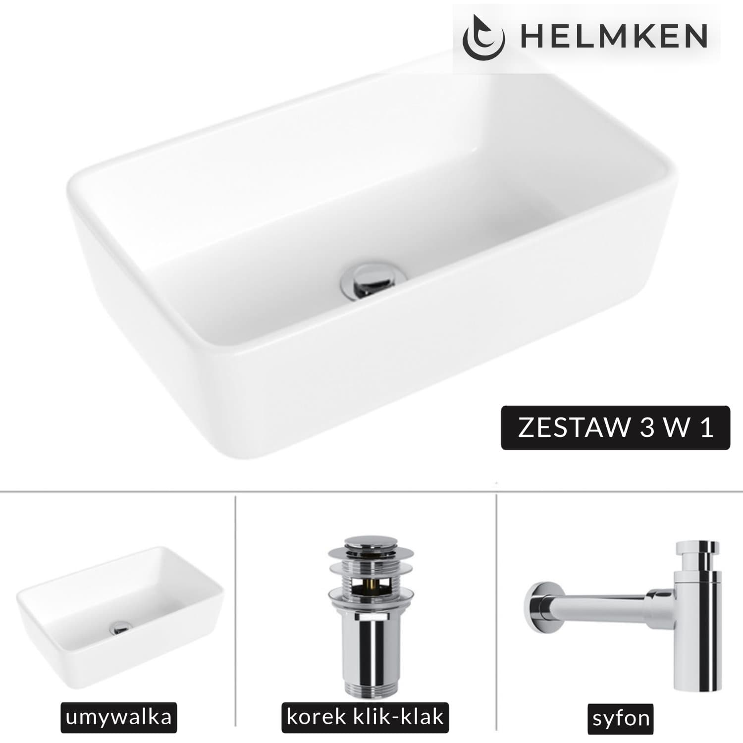Umywalka nablatowa Helmken 67448000 (48x29.5) Biała + Syfon Chrom + Korek klik-klak Chrom