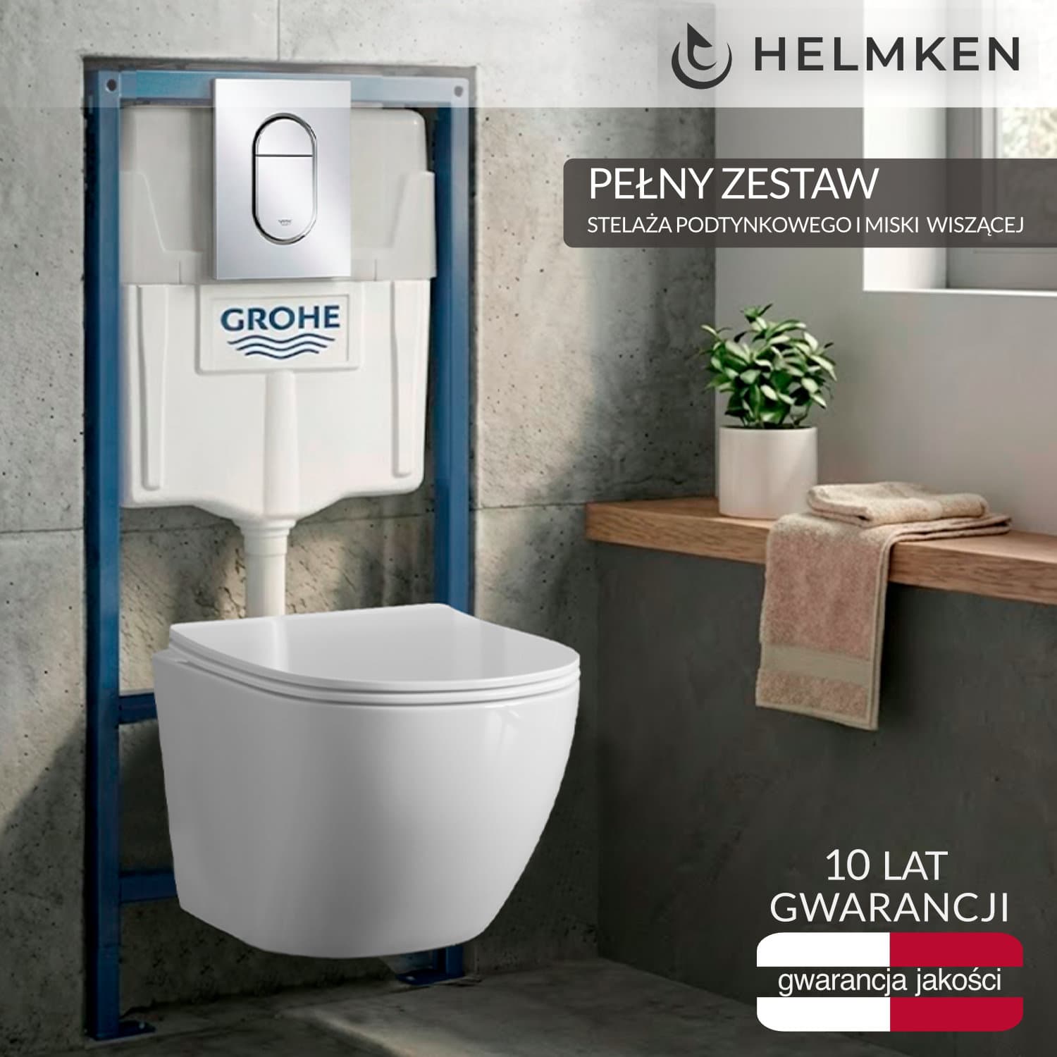 Zestaw podtynkowy WC 4w1: Stelaż Grohe, Chrom Przycisk 39702000, Miska bezkołnierzowa Helmken 35103001 (Biała), Deska wolnoopadająca duroplast