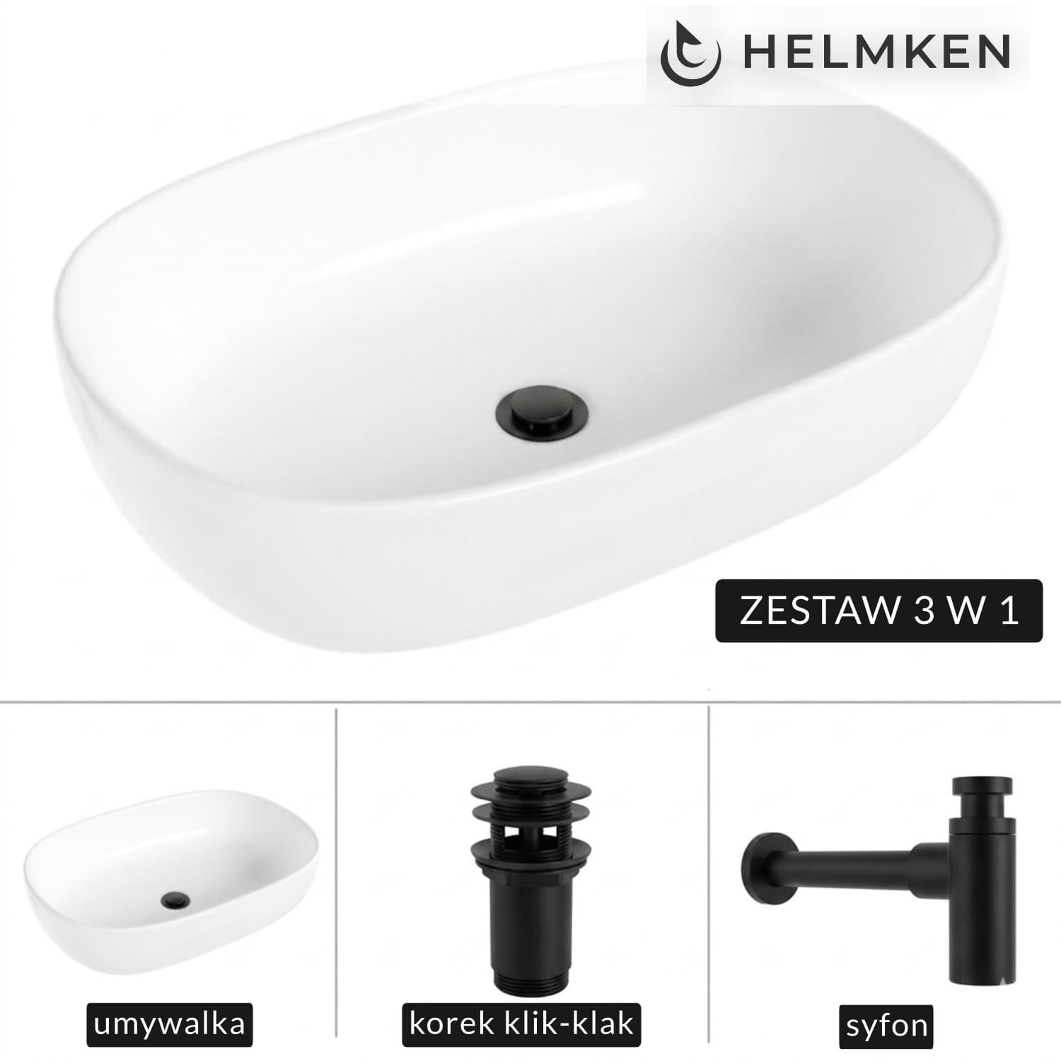 Umywalka nablatowa Helmken 83660000 (60x42.5) Biała + Syfon Czarny Mat + Korek klik-klak Czarny Mat
