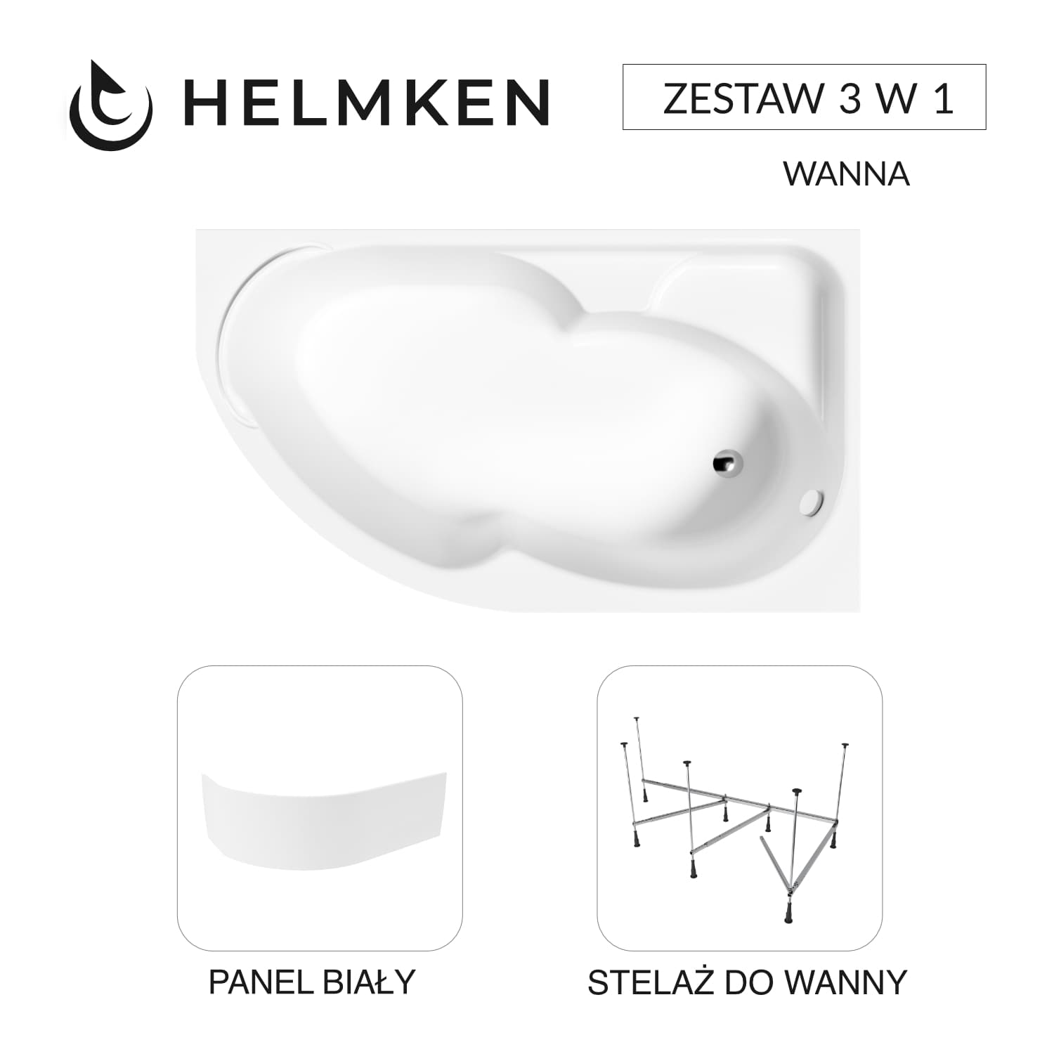 Wanna asymetryczna Helmken Geneva 170x105 Prawa + Panel Biały + Stelaż do wanny 21013-101 / 3503170R-3S