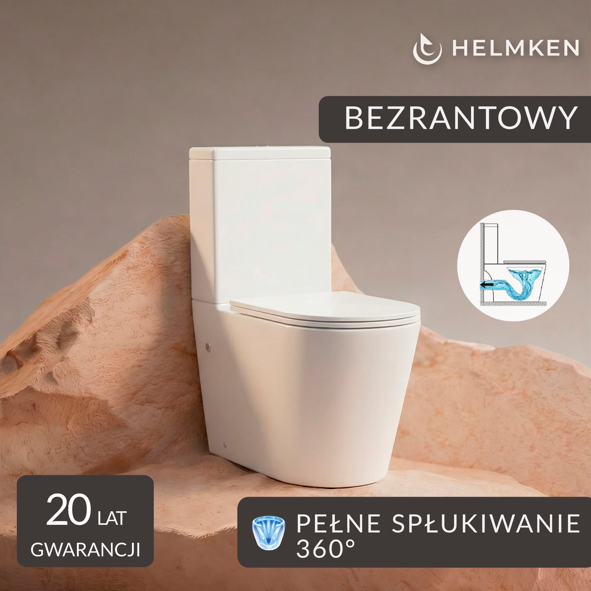 Kompakt WC bezkołnierzowy z deską wolnoopadającą duroplast Helmken 35276002 (biały, odpływ poziomy)