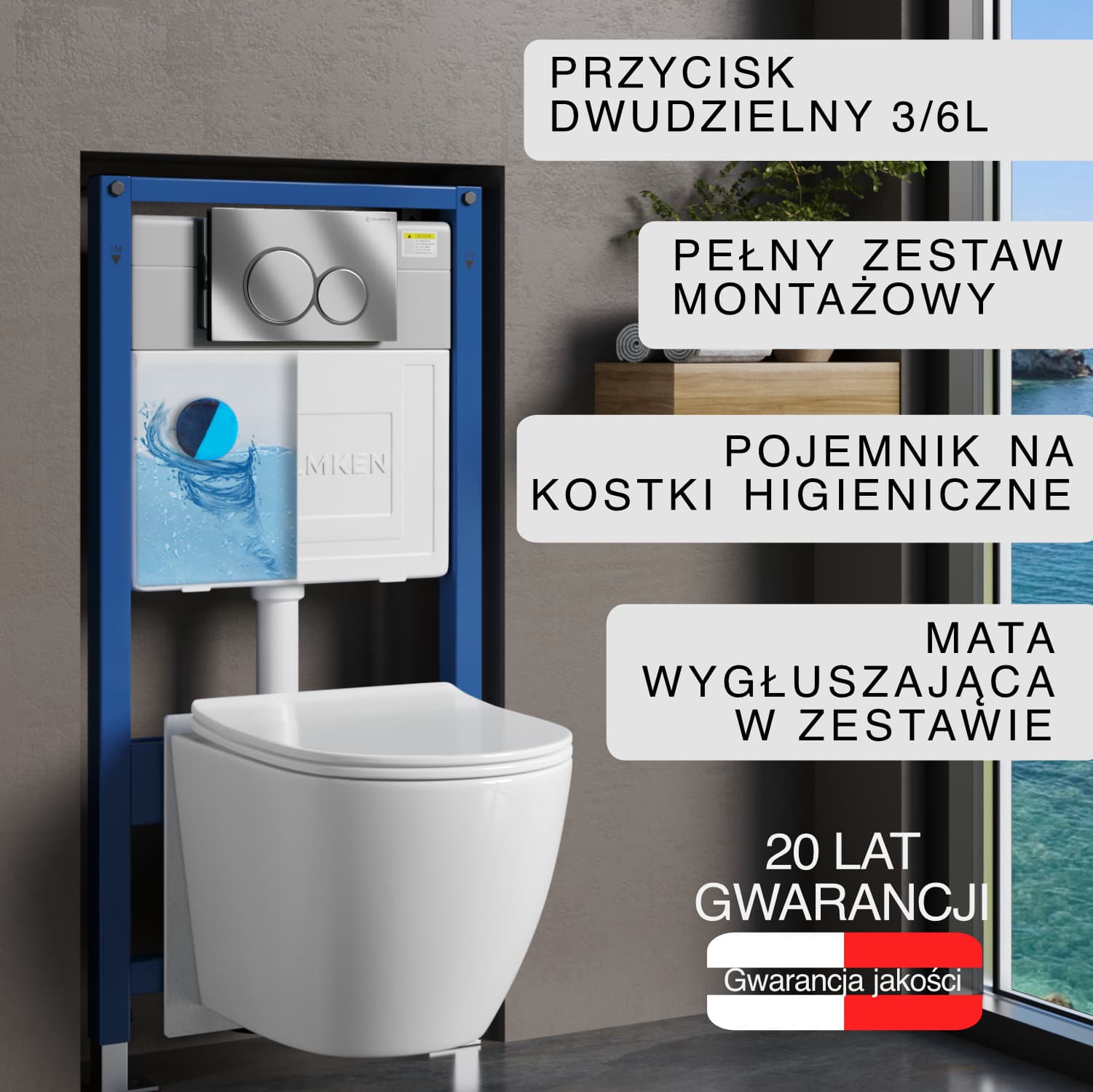 Stelaż podtynkowy WC Helmken 35490101 Zestaw 6w1: Przycisk Chrom (E), Miska bezkołnierzowa Rimless, Deska wolnoopadająca, Pojemnik na kostki higieniczne, Mata