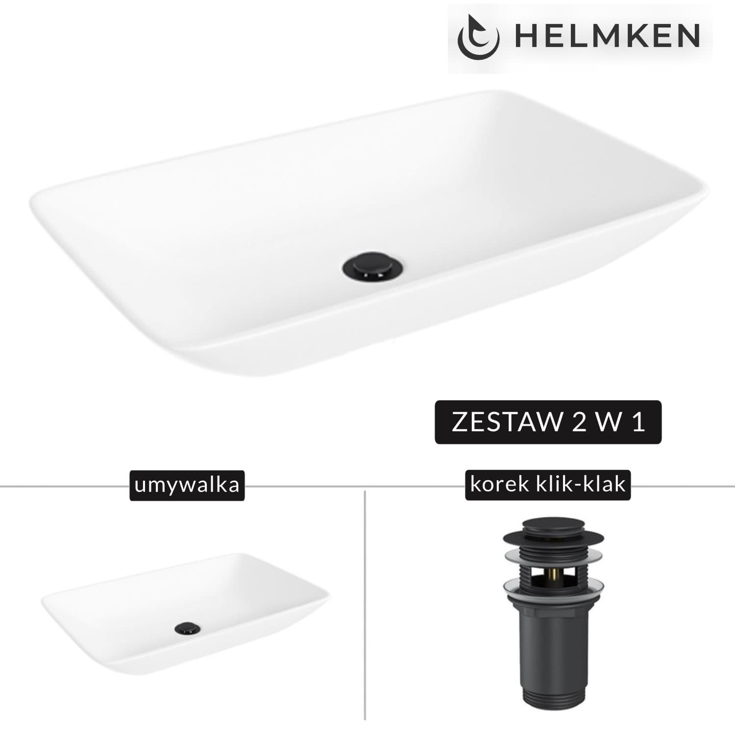Umywalka nablatowa Helmken 54059000 (59x36) Biała + Korek klik-klak Czarny Mat