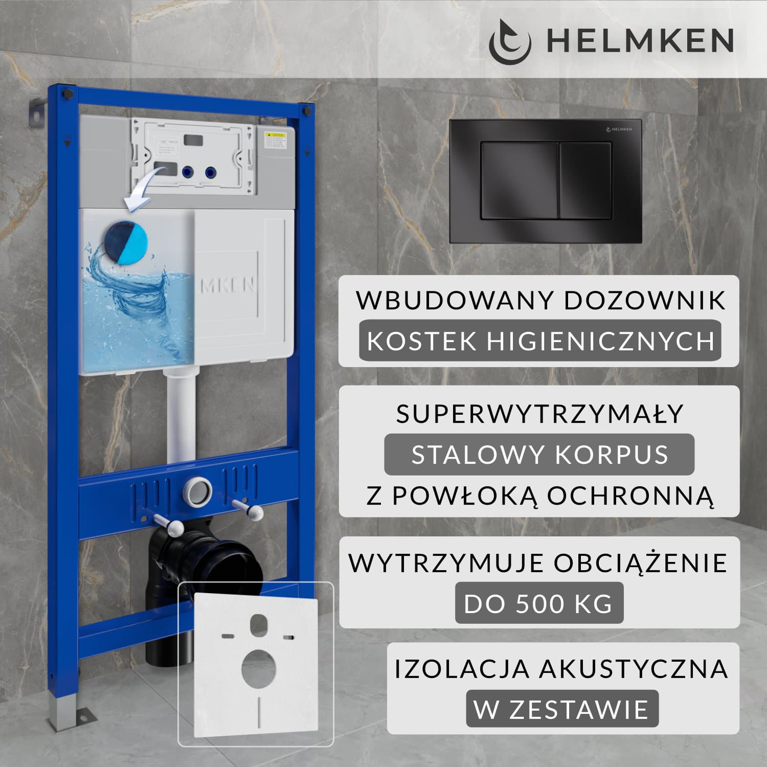 Stelaż podtynkowy WC Helmken Zestaw 4w1: Stelaż podtynkowy, Przycisk Czarny Mat (J) , Pojemnik na kostki higieniczne, Mata wygłuszająca