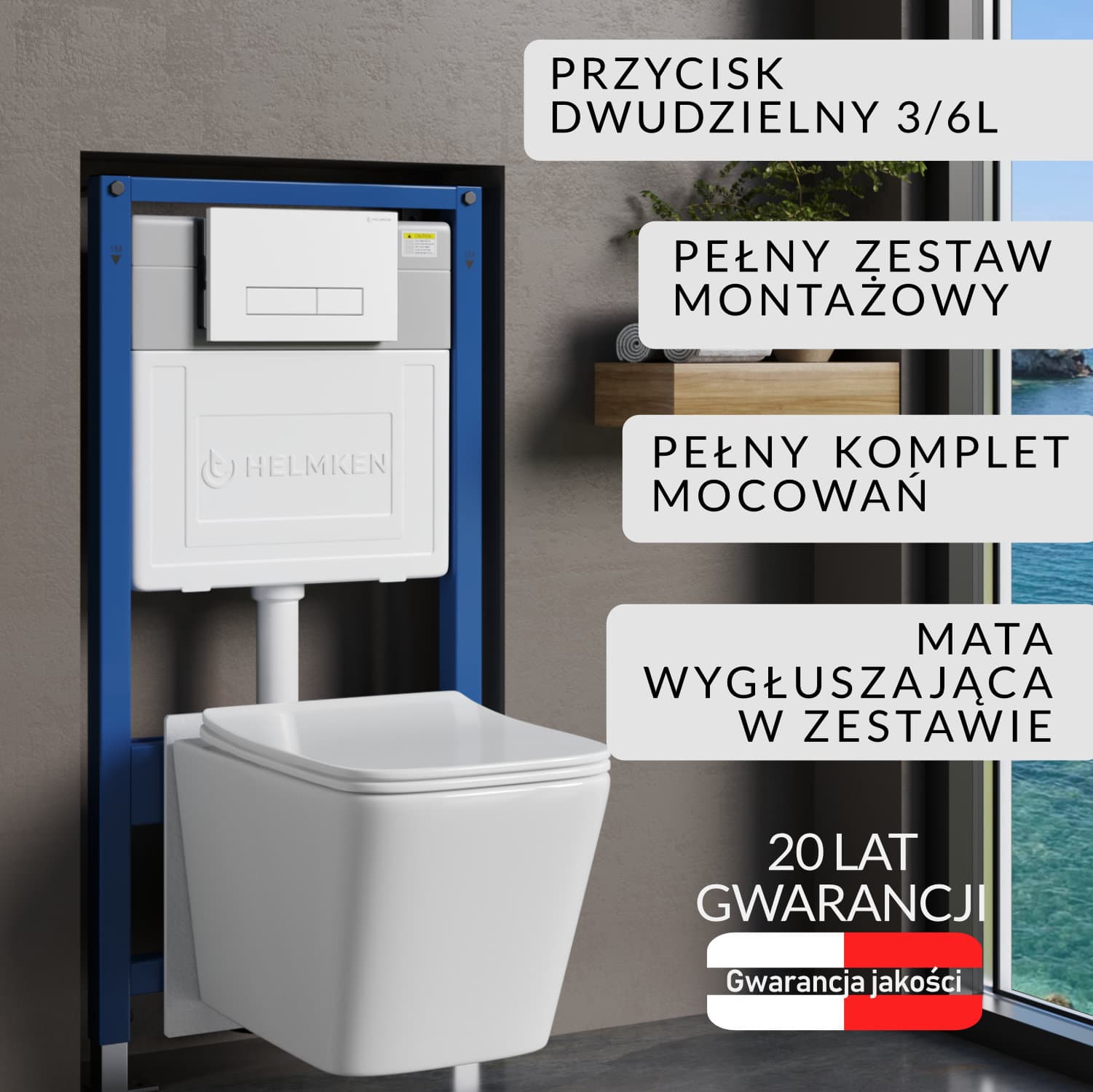 Zestaw podtynkowy WC Helmken 5w1: Stelaż, Biały przycisk HD, Miska bezkołnierzowa Rimless 35120001, Deska wolnoopadająca, Mata