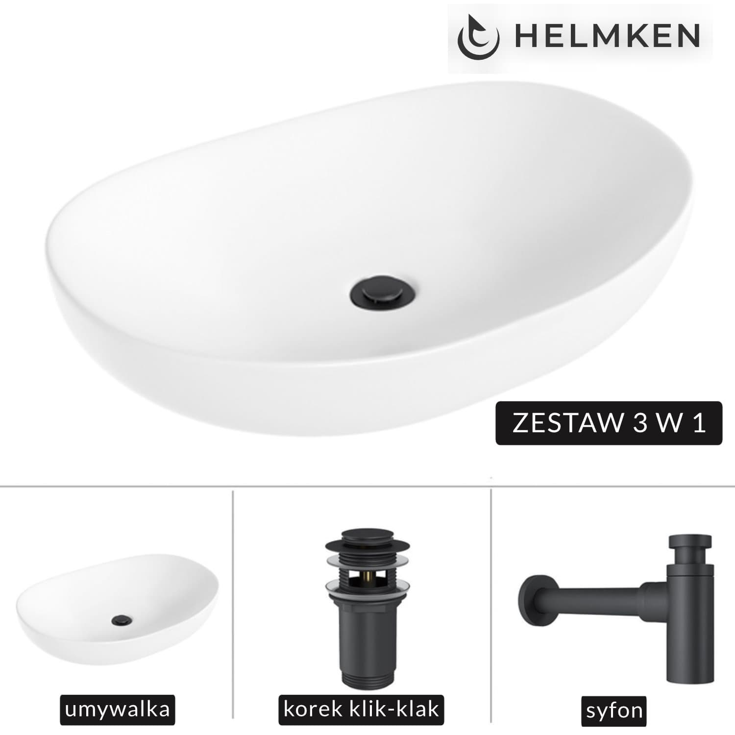 Umywalka nablatowa Helmken 50263000 (63x42) Biała + Syfon Czarny Mat + Korek klik-klak Czarny Mat