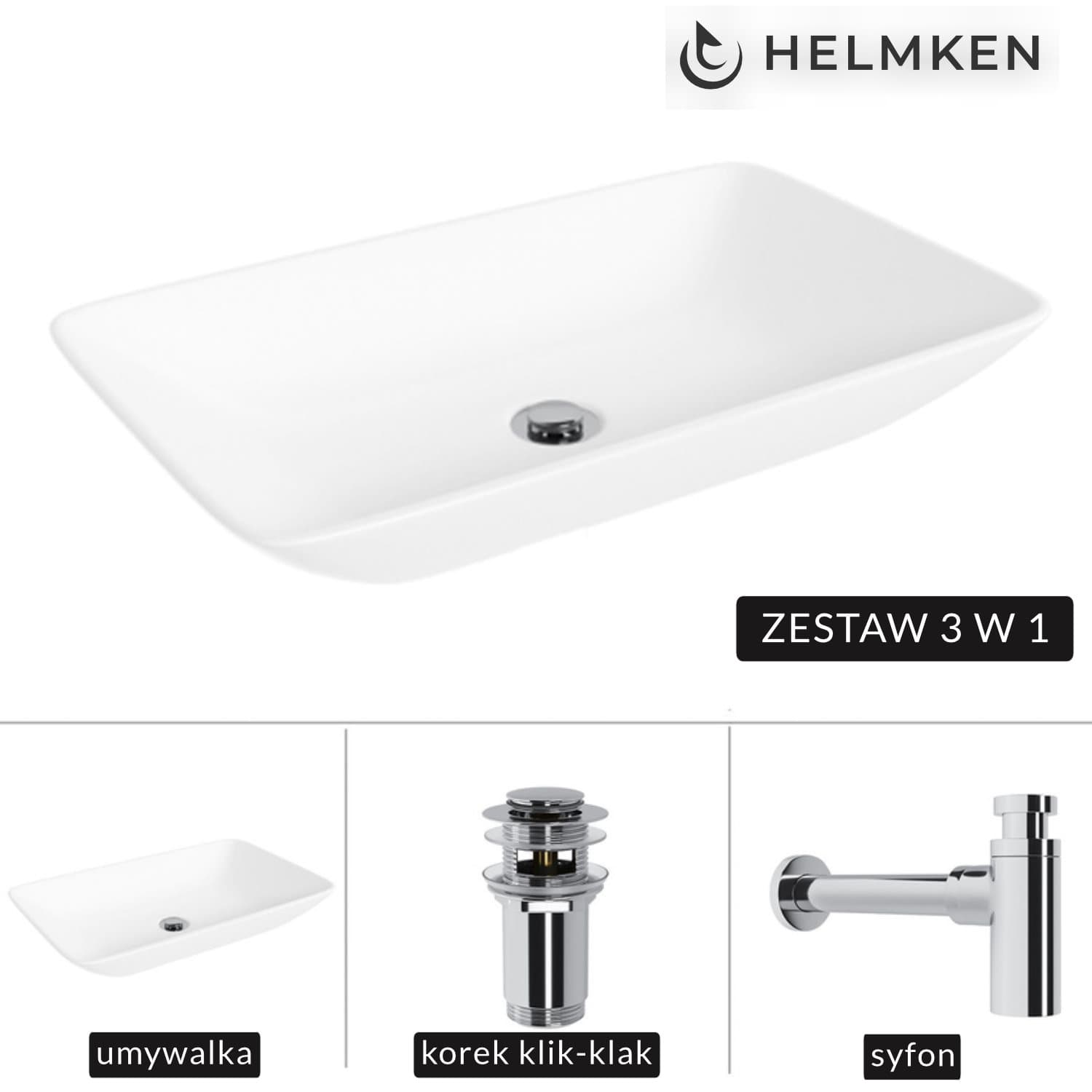 Umywalka nablatowa Helmken 54059000 (59x36) Biała + Syfon Chrom + Korek klik-klak Chrom