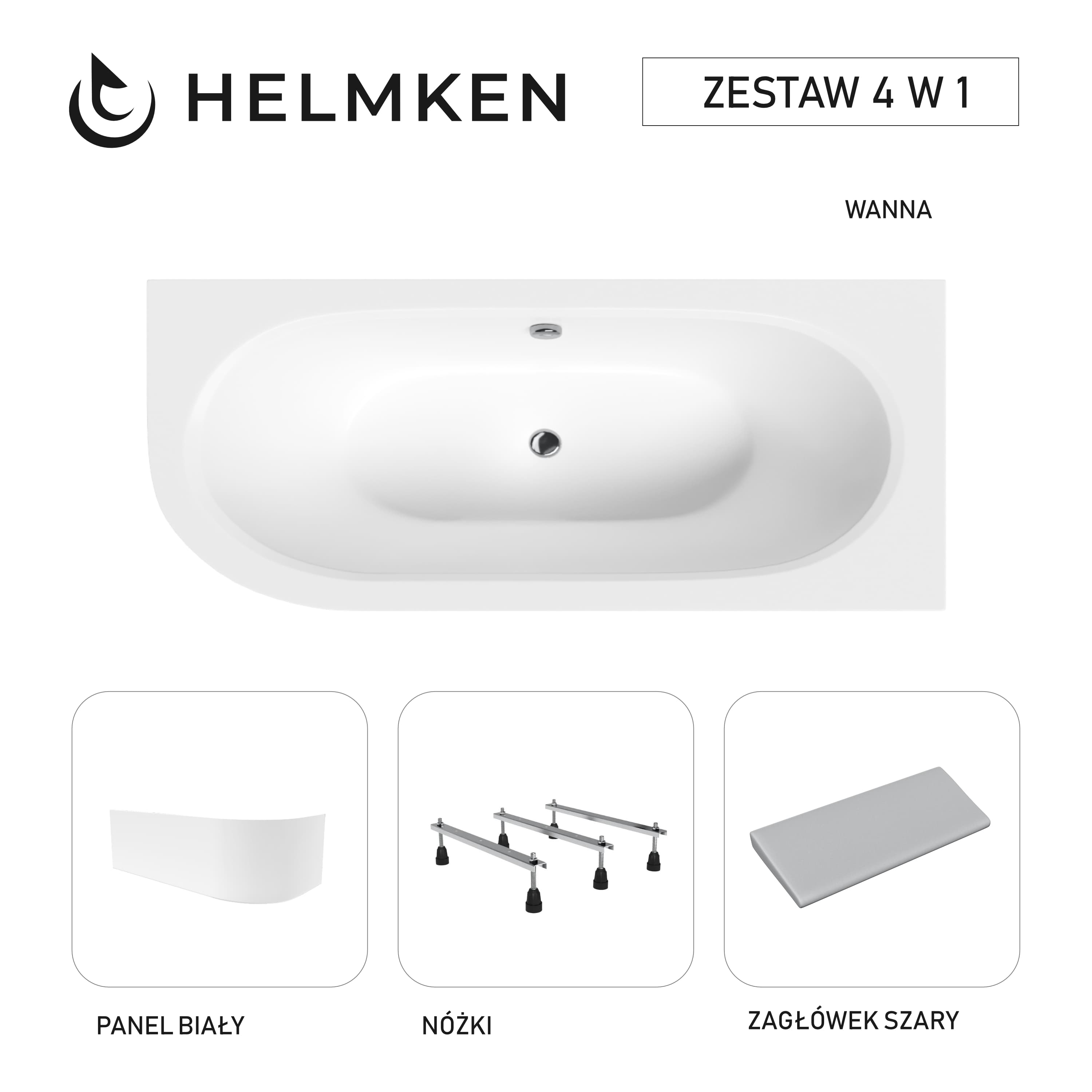 Wanna akrylowa Helmken Marbella Lux 170 x 75 Prawa + Panel biały + Zagłówek szary + Nóżki / 23092005ZW