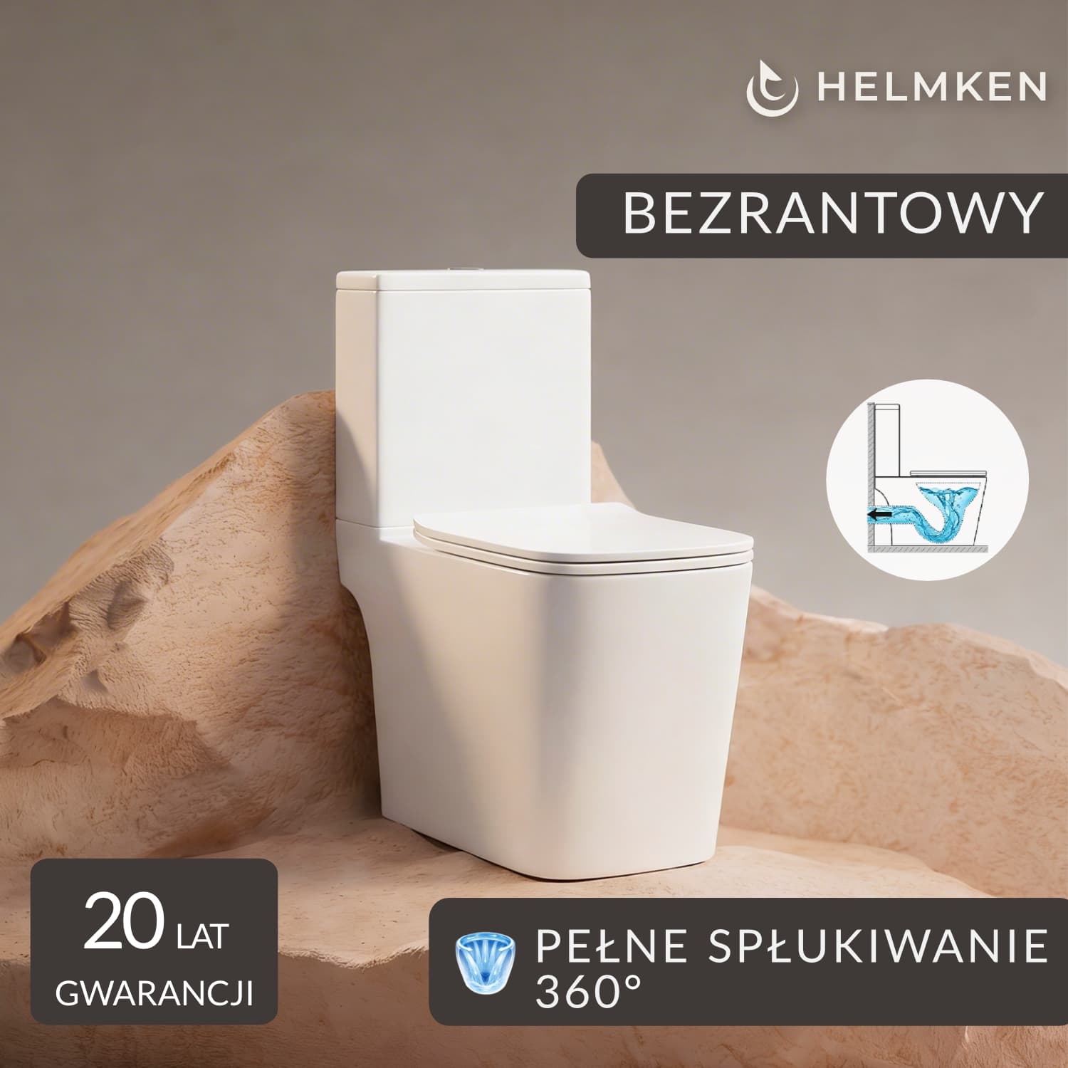 Kompakt WC bezkołnierzowy Helmken 35900002 z deską wolnoopadającą, szybkozdejmowaną (duroplast), ceramika sanitarna, system antyrozbryzgowy, odpływ poziomy (do ściany)