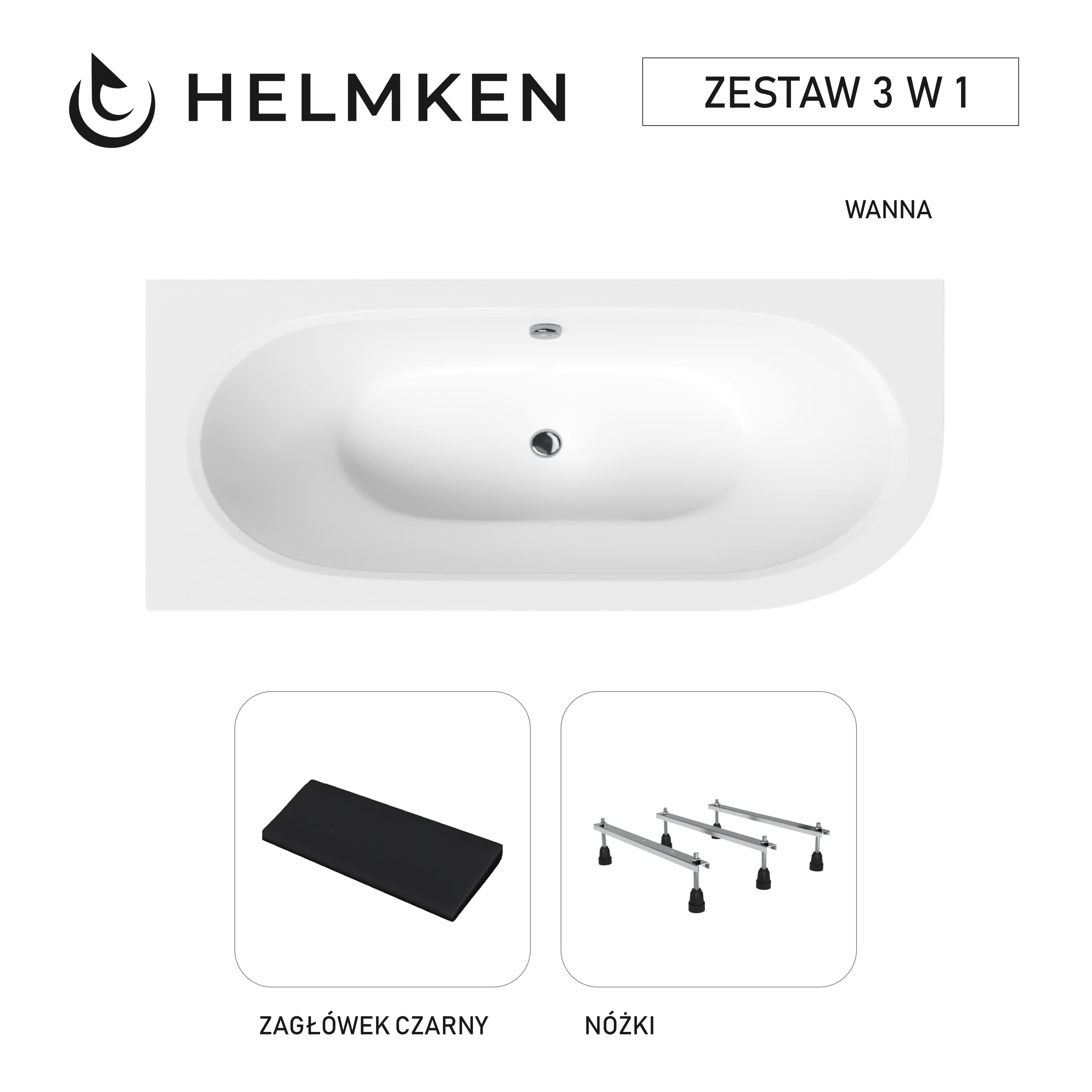 Wanna akrylowa Helmken Marbella Lux 170 x 75 Lewa + Zagłówek czarny + Nóżki / 23092006ZCN