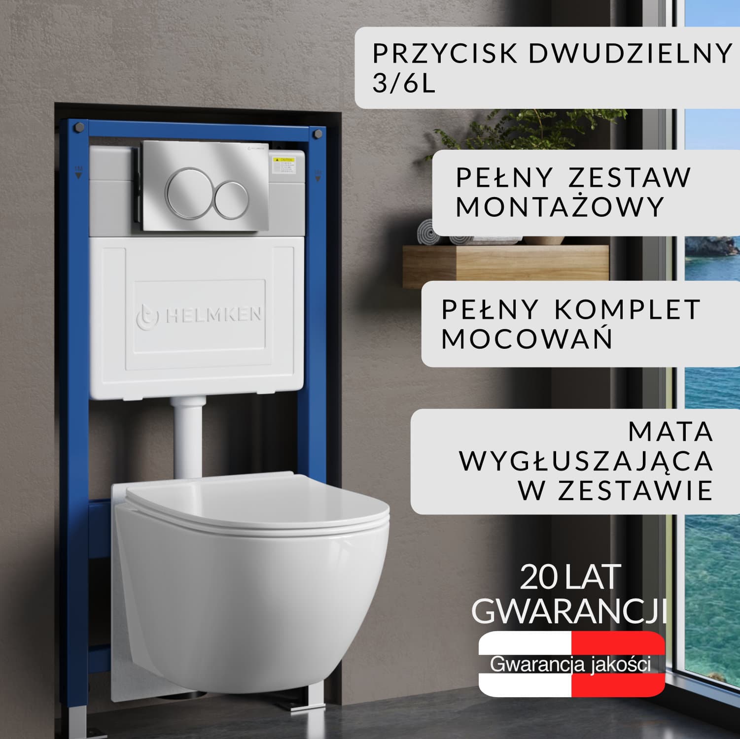 Zestaw podtynkowy WC Helmken 5w1: Stelaż, Satyna Przycisk, Miska bezkołnierzowa Rimless 35103001 (Biała), Deska wolnoopadająca, Mata