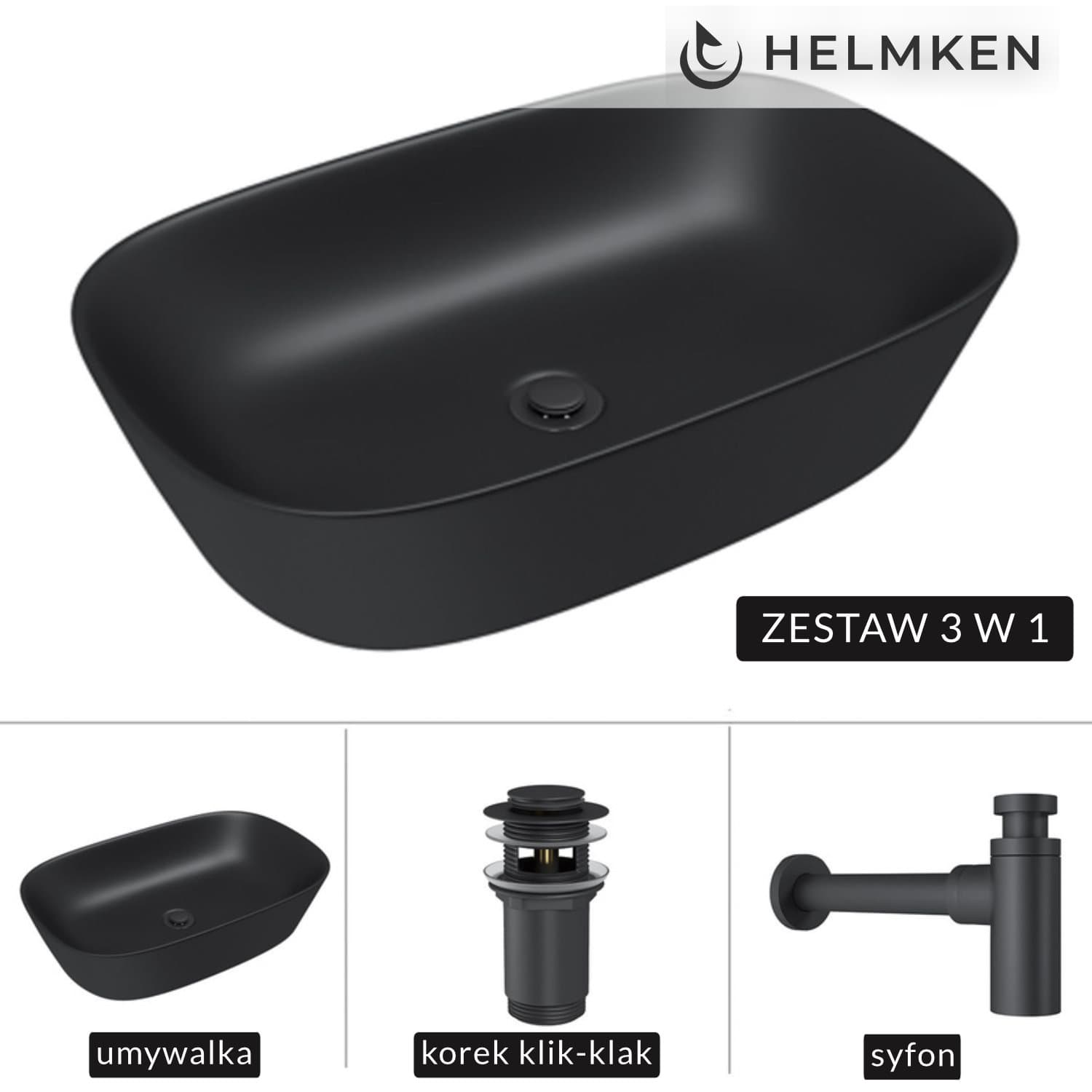 Umywalka nablatowa Helmken 39360001 (60x38) Czarna + Syfon Czarny Mat + Korek klik-klak Czarny Mat