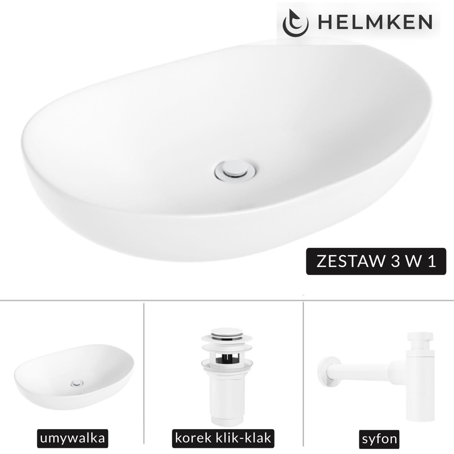 Umywalka nablatowa Helmken 50263000 (63x42) Biała + Syfon Biały + Korek klik-klak Biały