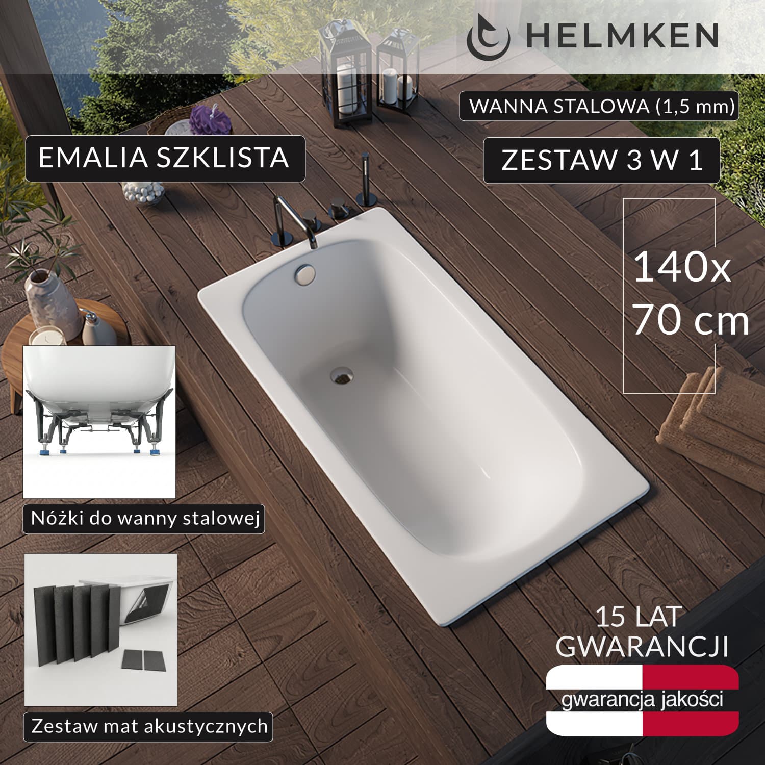 Wanna prostokątna stalowa (1,5 mm) Helmken TIVA 140 / XGB1140, 140 x 70 сm + Nóżki + Zestaw mat akustycznych