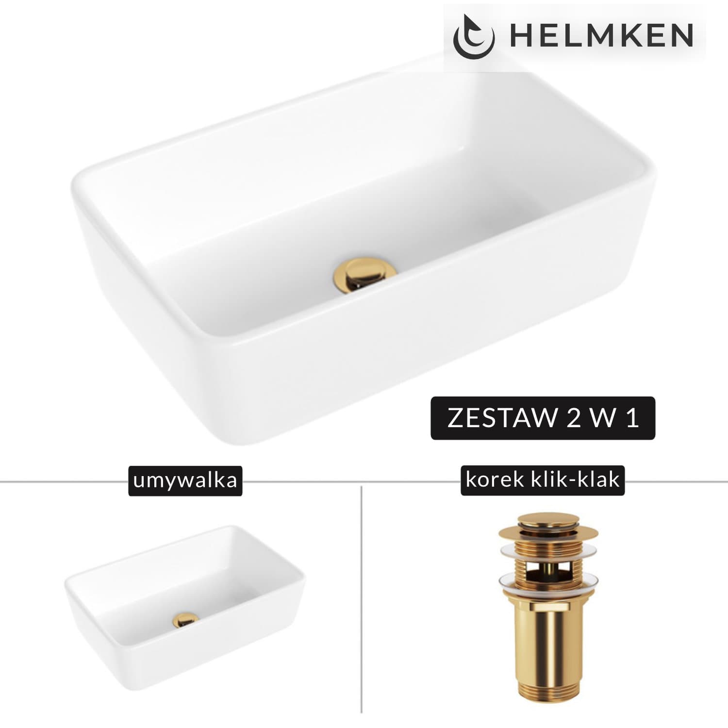 Umywalka nablatowa Helmken 67448000 (48x29.5) Biała + Korek klik-klak Złoty