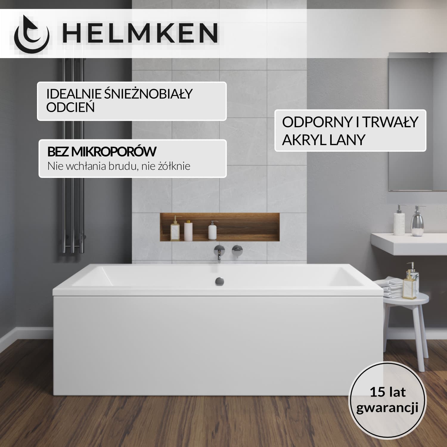 Wanna akrylowa Helmken Alvaro 180 x 80 + Panel Biały + Stelaż uniwersalny do wanien Helmken 21230020 / 23096005-3S