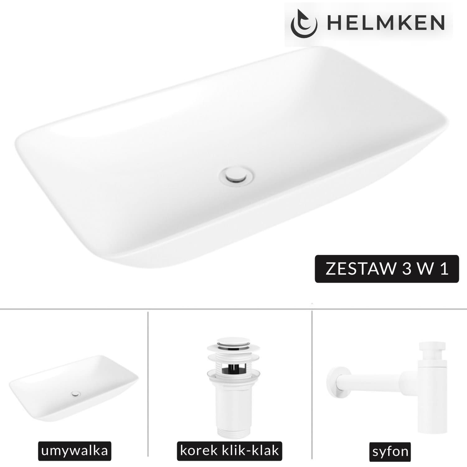 Umywalka nablatowa Helmken 88670000 (70x40) Biała + Syfon Biały + Korek klik-klak Biały