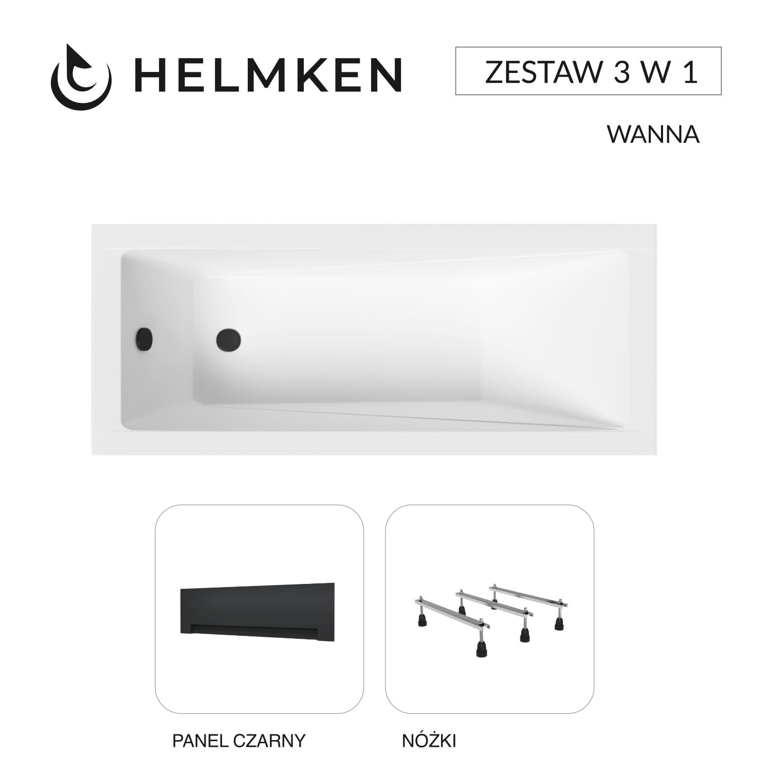 Wanna akrylowa Helmken Rivana 160 х 70 + Panel czarny + Nóżki / 23095005
