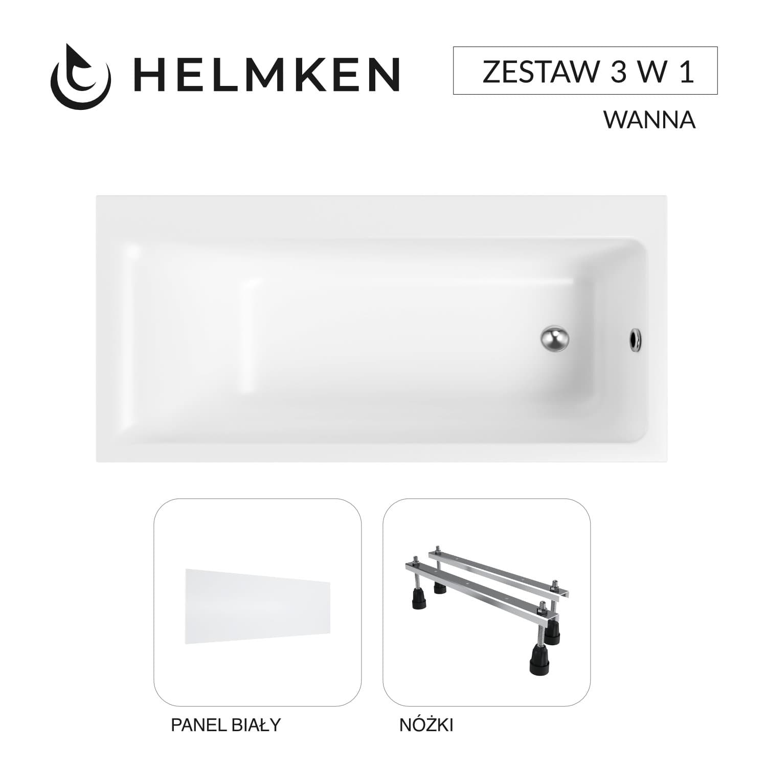 Wanna akrylowa Helmken Seraphina 170x80 PRAWA z akrylu lanego, ze wzmocnionym korpusem + Panel biały + Nóżki / 3512170R