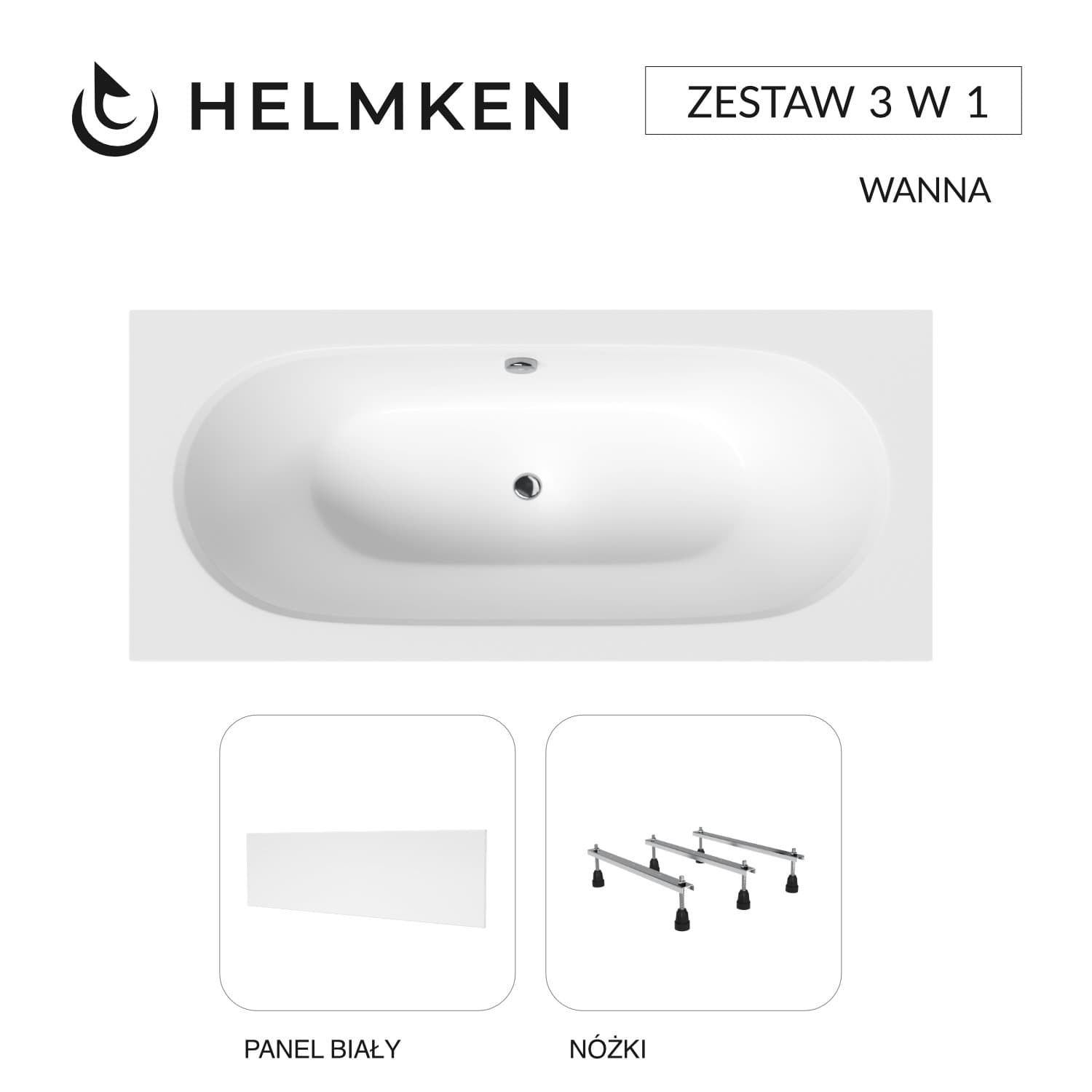 Wanna akrylowa Helmken Vienna 170 х 75 + Panel biały + Nóżki / 23099003