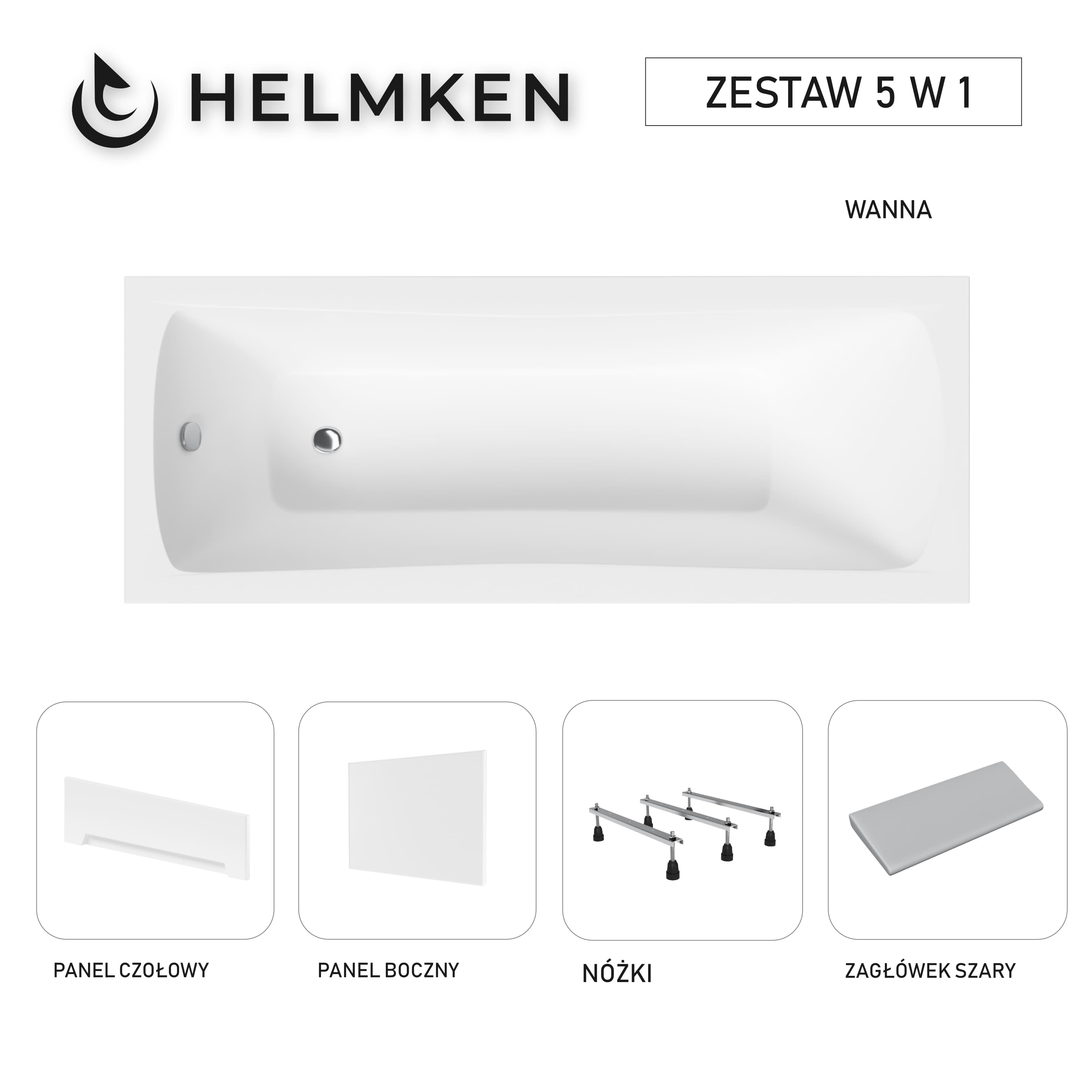 Wanna akrylowa Helmken Luna 160 х 70 + Panel czołowy i boczny Biały + Zagłówek szary + Nóżki / 23093003ZW