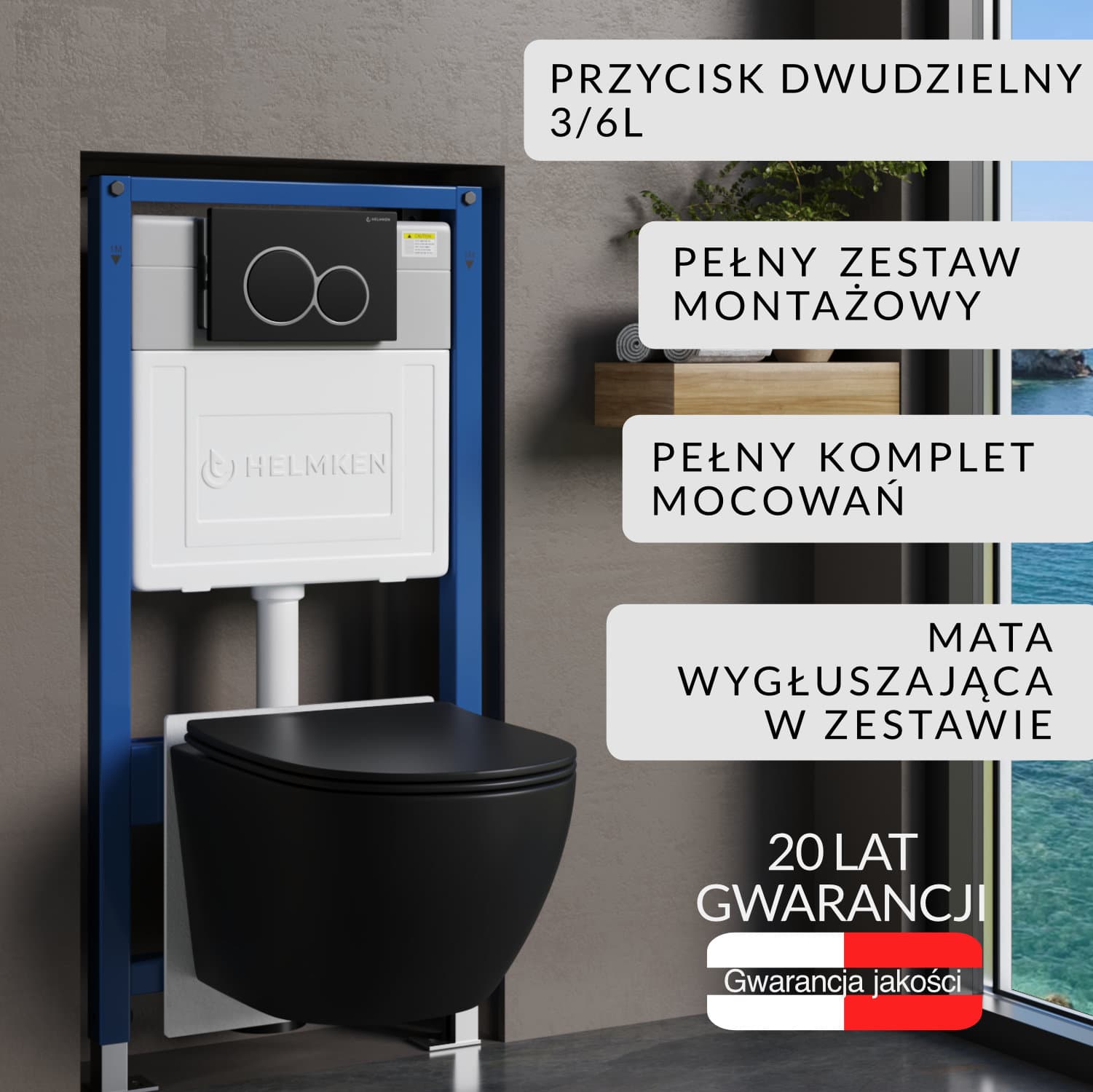 Zestaw podtynkowy WC Helmken 5w1: Stelaż, Czarny Mat Przycisk, Miska bezkołnierzowa Rimless 35103001B (Matowa Czarna), Deska wolnoopadająca, Mata