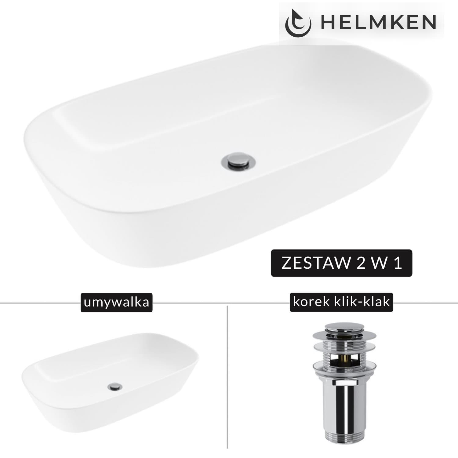 Umywalka nablatowa Helmken 39370000 (70x38) Biała + Korek klik-klak Chrom