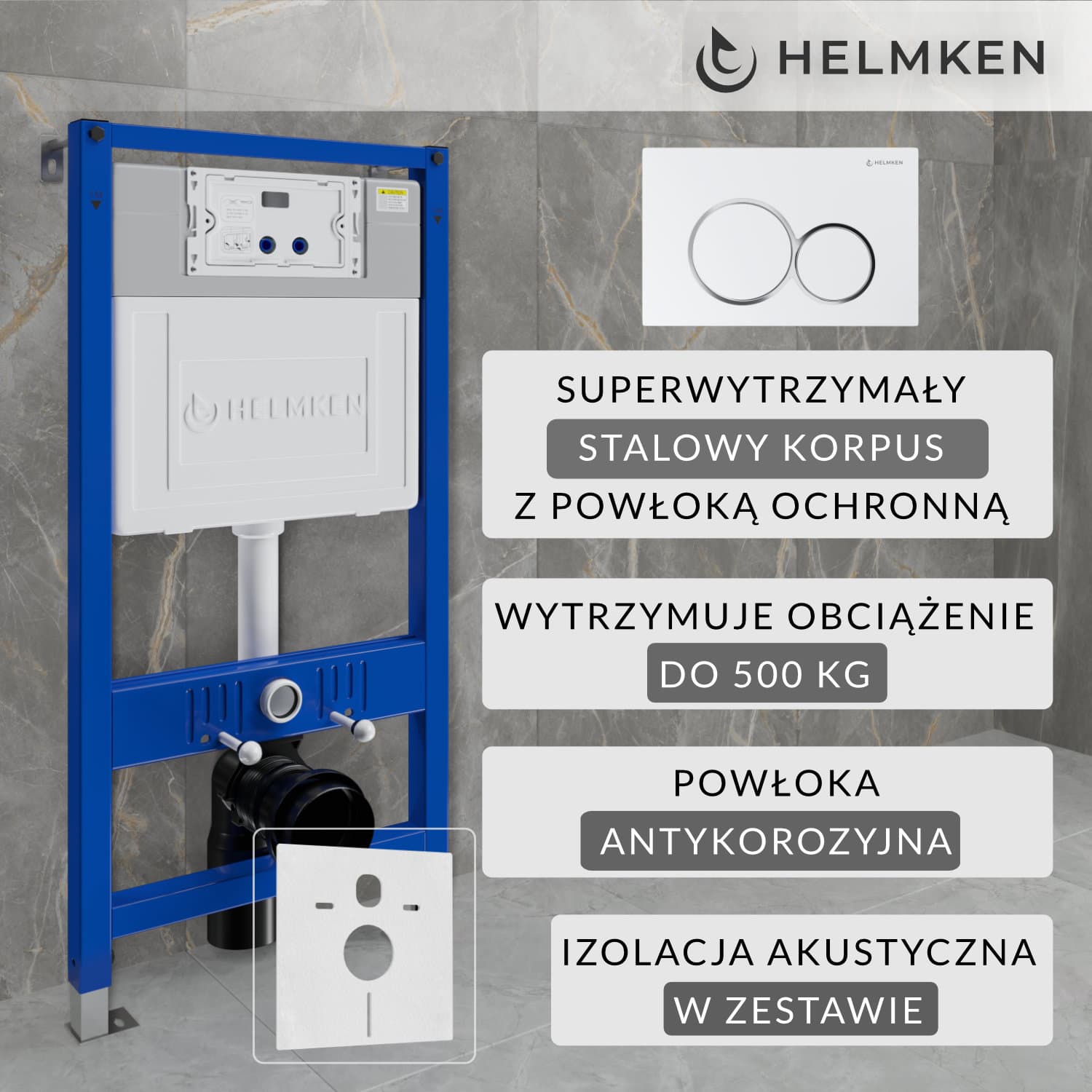 Stelaż podtynkowy WC Helmken Zestaw 3w1: Stelaż podtynkowy, Przycisk Biały (E) , Mata wygłuszająca