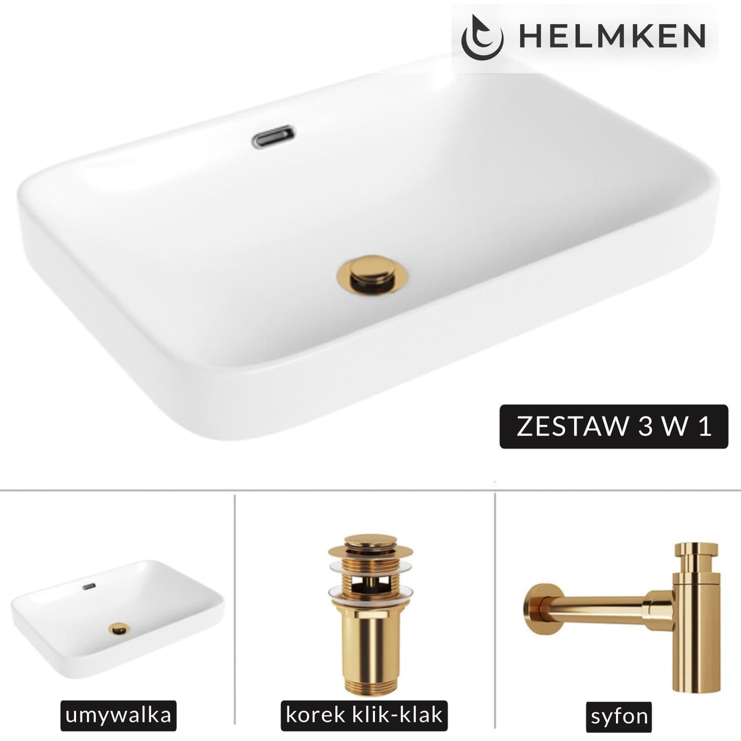 Umywalka nablatowa Helmken 441A52000 (52x36) Biała + Syfon Złoty + Korek klik-klak Złoty